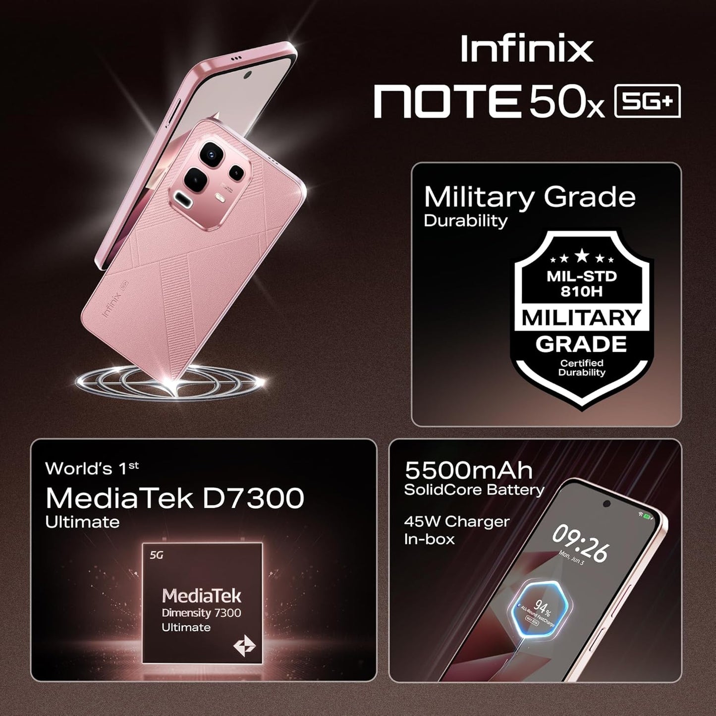 Infinix Note 50x 5G+ (Sunset Spice Pink, 8GB RAM, 128GB Storage) | MediaTek D7300 Ultimate | 90FPS BGMI Gaming | 5500mAH Battery with 45W FastCharge | 650K+ AnTuTu AI