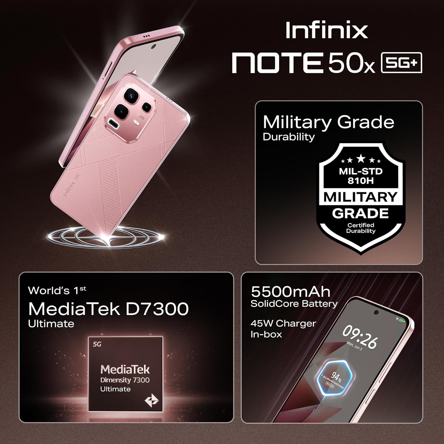 Infinix Note 50x 5G+ (Sunset Spice Pink, 8GB RAM, 128GB Storage) | MediaTek D7300 Ultimate | 90FPS BGMI Gaming | 5500mAH Battery with 45W FastCharge | 650K+ AnTuTu AI
