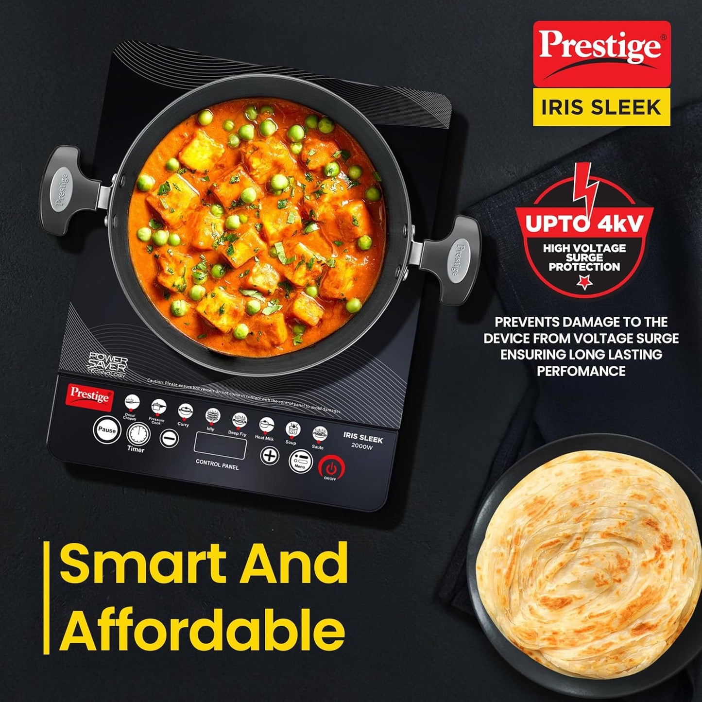 Prestige 2000 Watts IRIS Sleek Induction Cooktop| High Voltage Surge Protection| Indian Menu Options| Automatic Voltage Regulator| Feather Touch Button| Black