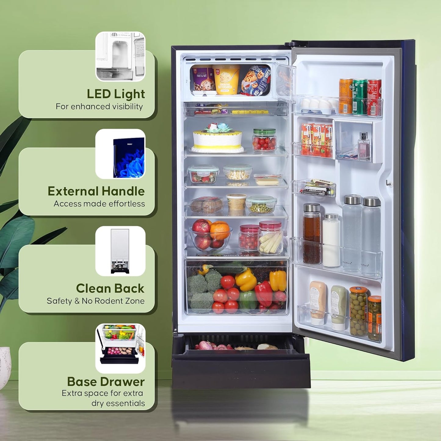 Haier 190 L, 4 Star, Direct-Cool Single Door Refrigerator (HED-204MDB, Marine Dahelia, Base Stand Drawer)