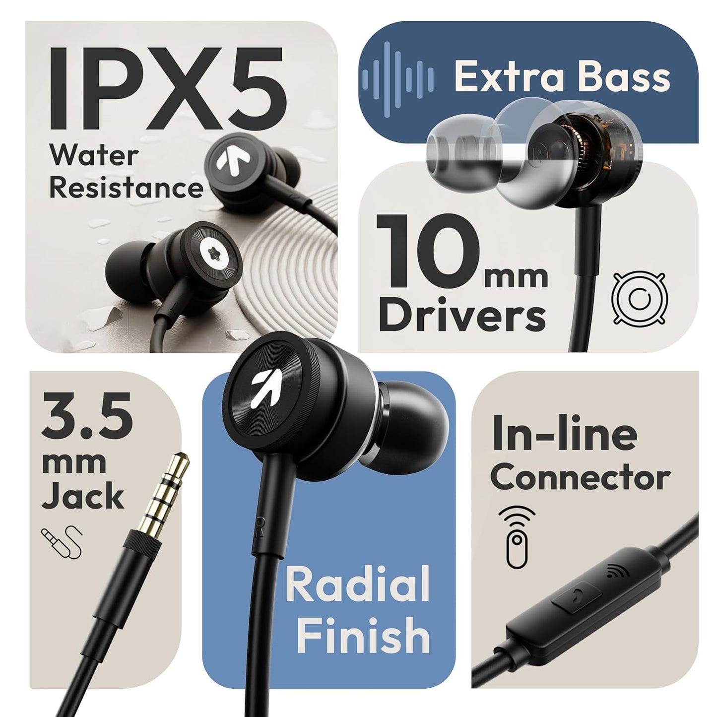 Boult XO Black Wired Earphones with 3.5mm Jack, Extra Bass, 10mm Dynamic Driver, Inline Control, IPX5 Water Resistant, HD Mic, Radial Finish, Earphones Wired Headphones with Mic Earphone
