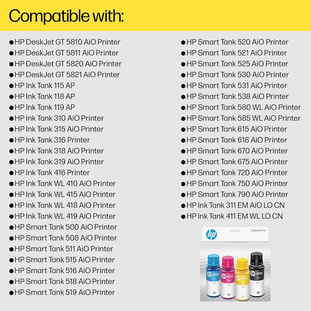 HP GT52 CMY/GT53XL Blk Ink Bottle 4-Pk, Multi-Color Pack, Black