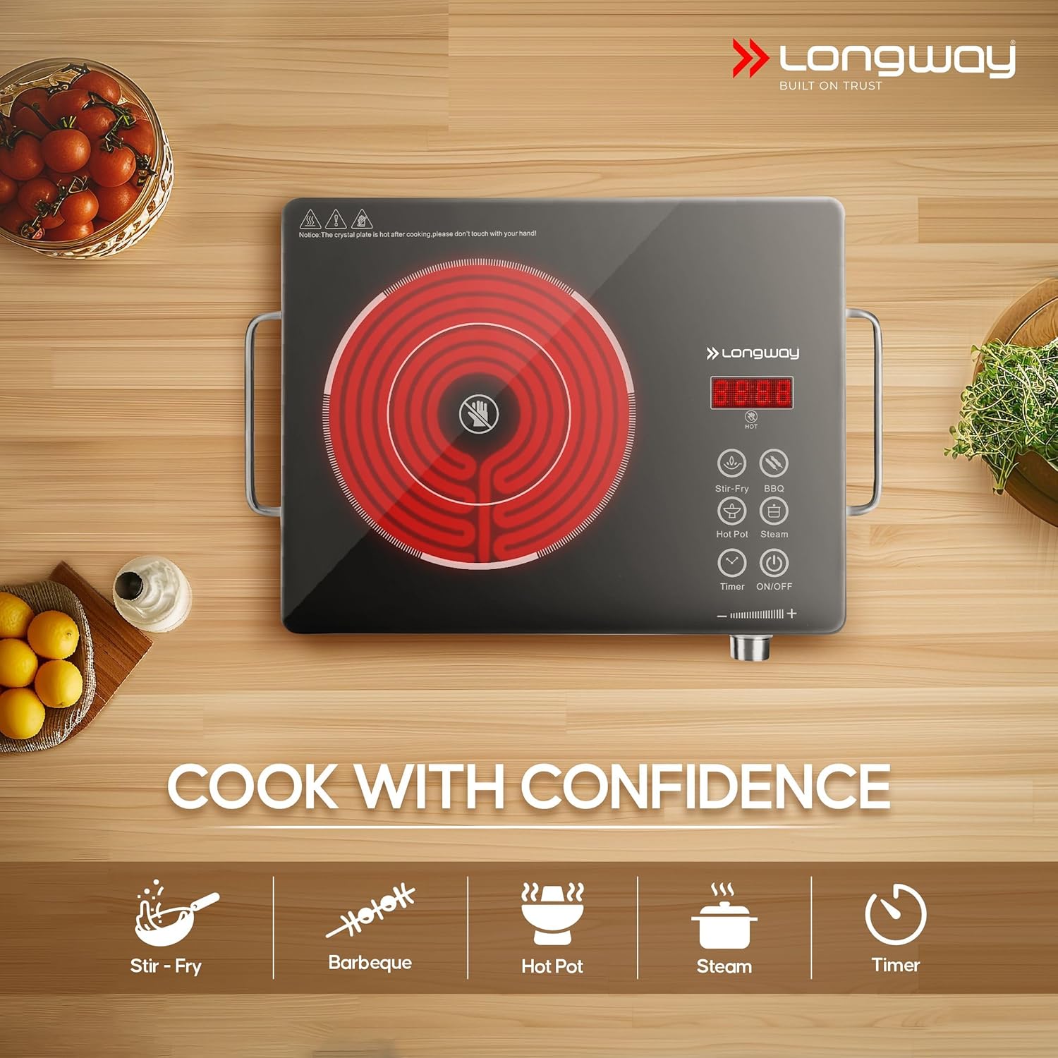 Longway Infralite Pro ICT 2200 W Infrared Induction Cooktop with Free Stainless Steel Grill | Auto Shut Off & Overheat Protection (Black, Touch Control)