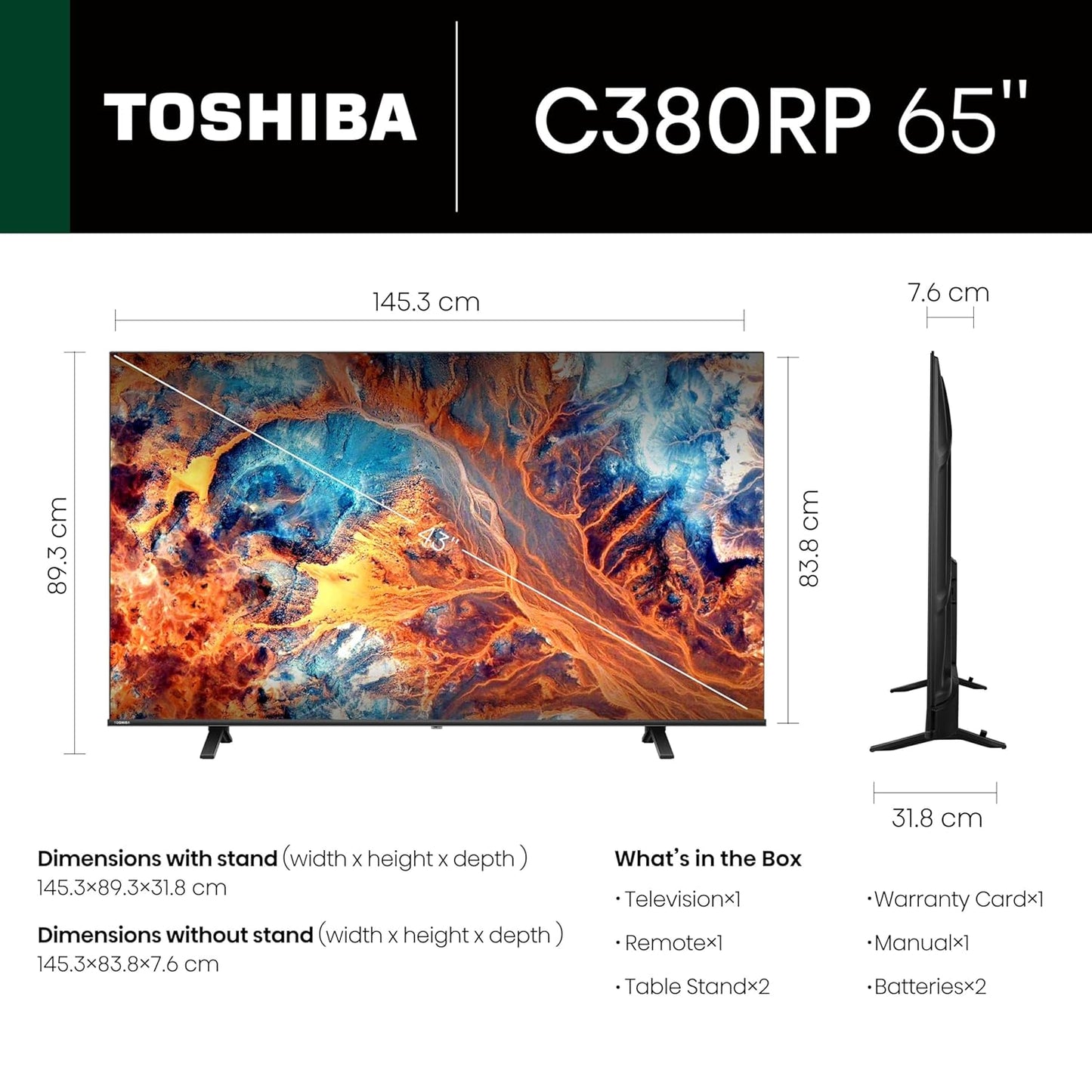 TOSHIBA 164 cm (65 inches) C380RP Series 4K Ultra HD Smart LED TV 65C380RP
