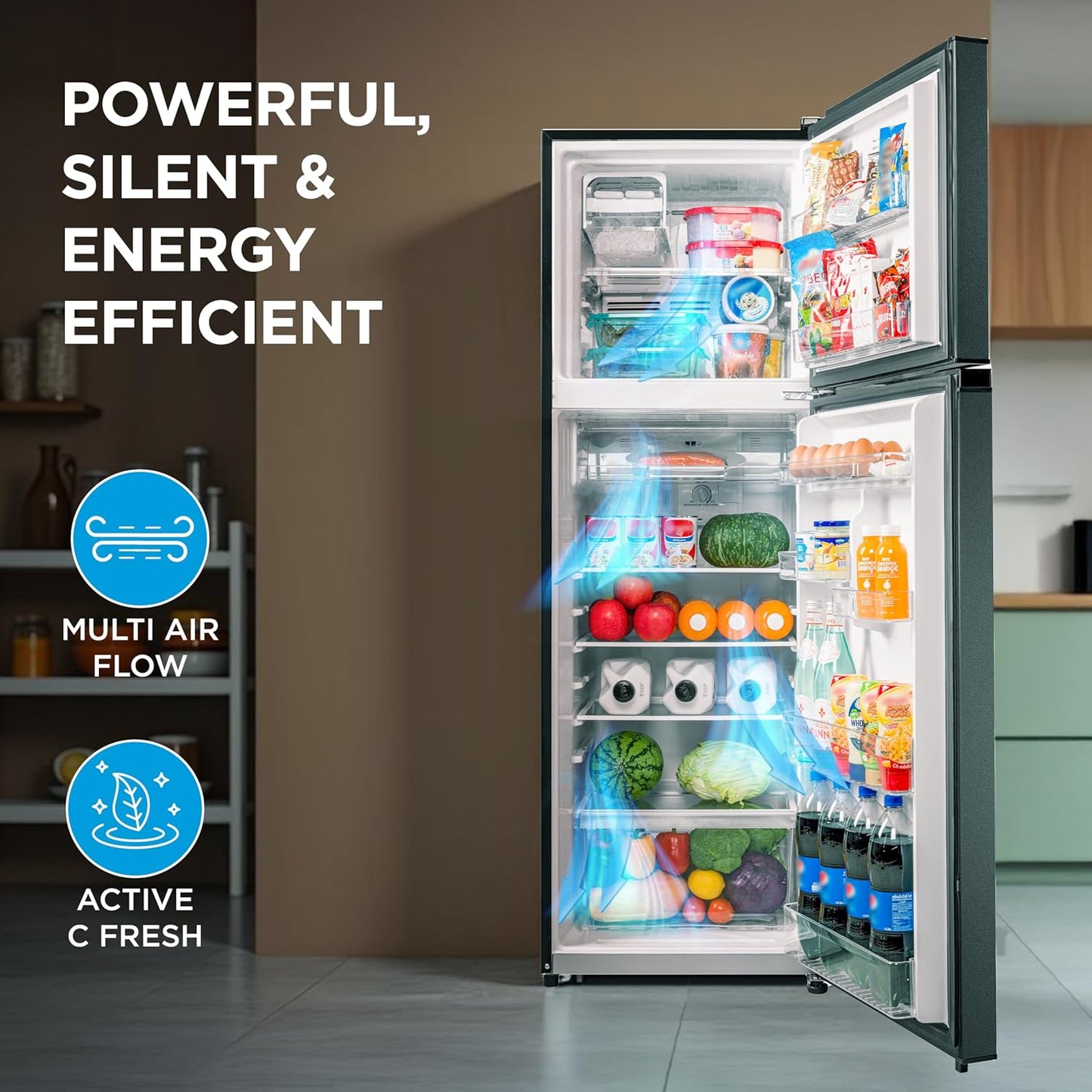Midea 253 L,2 Star Frost Free Double Door Refrigerator with real Inverter Compressor, Deo Fresh TechnologyEnergy Efficient,Stabilizer Free Operation, Adjustable Shelves (MDRT350FGI50, Crystal Silver)