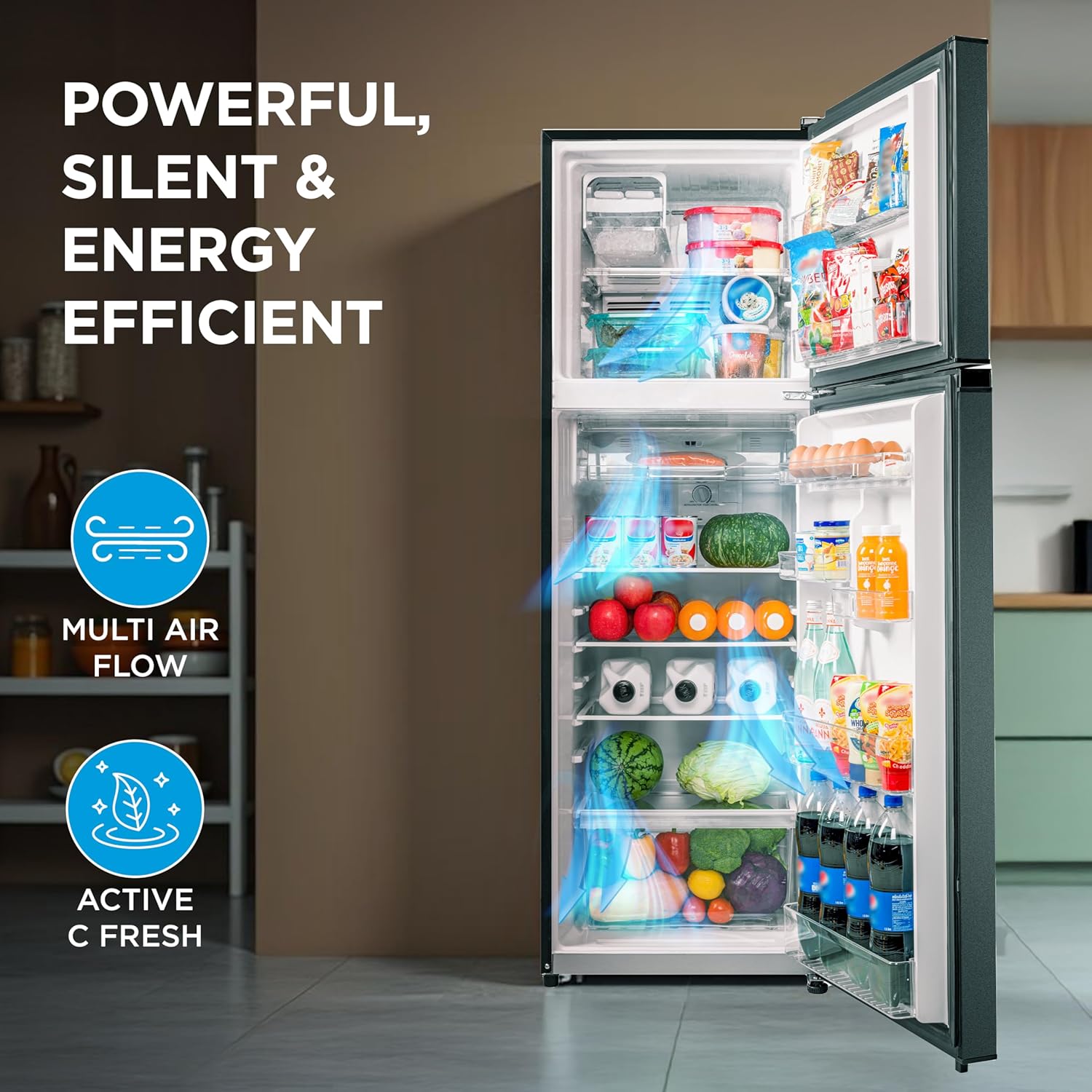 Midea 253 L,2 Star Frost Free Double Door Refrigerator with real Inverter Compressor, Deo Fresh TechnologyEnergy Efficient,Stabilizer Free Operation, Adjustable Shelves (MDRT350FGI50, Crystal Silver)