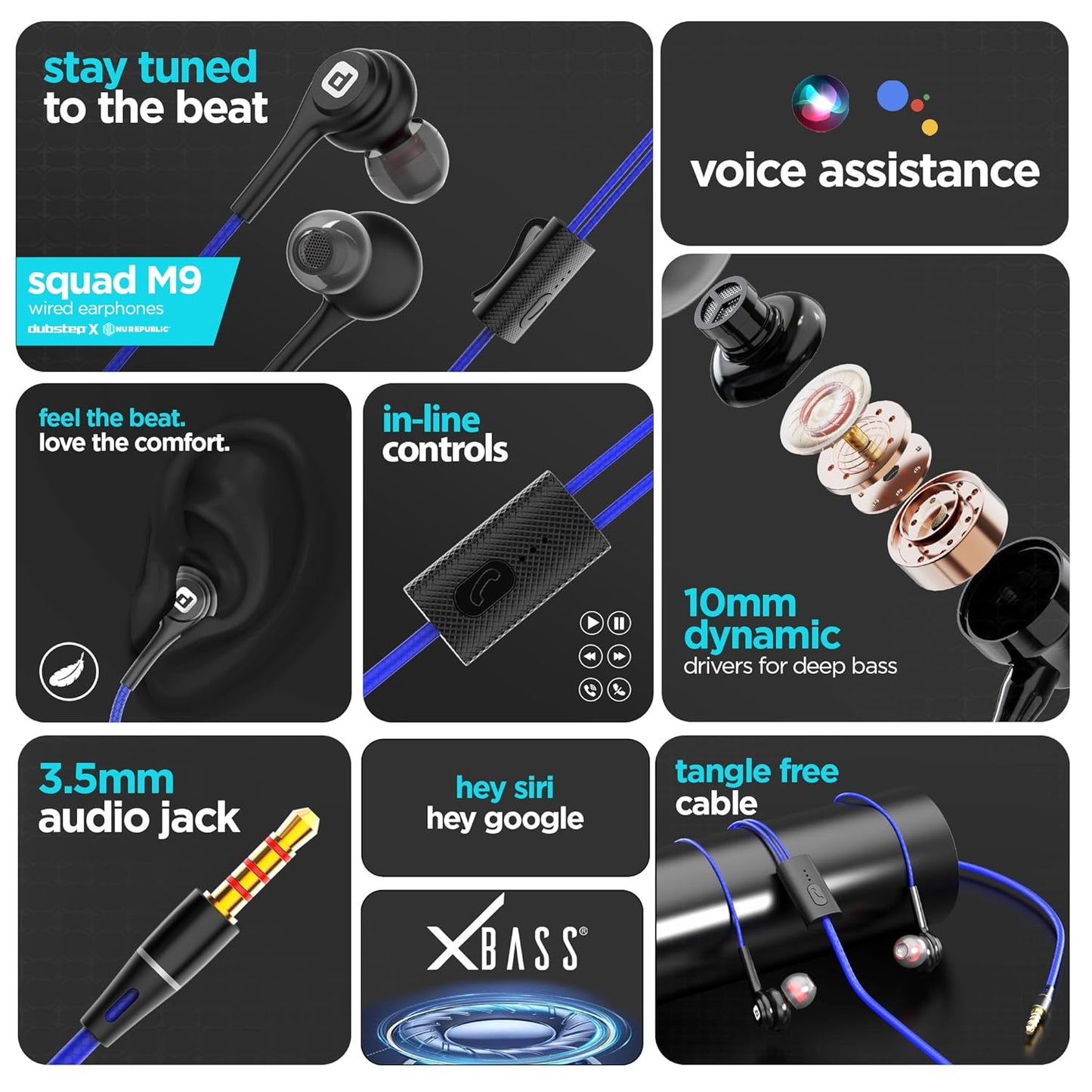 Dubstep Squad M9| X-Bass Technology| 10mm Dynamic Drivers| Mobile/Laptop Compatible|3.5 mm Audio Jack| in-Ear Wired Headphones with Mic- Black & Blue