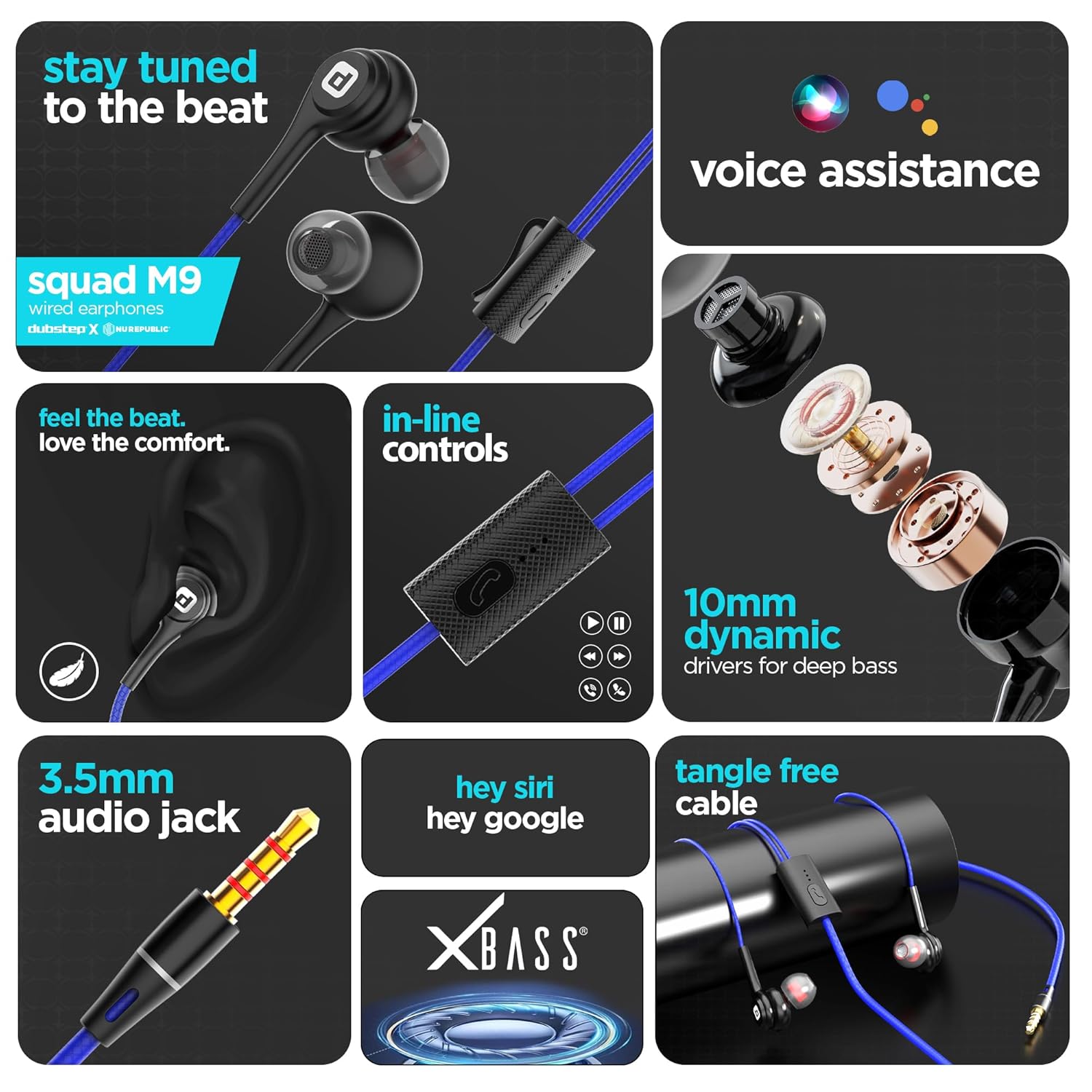 Dubstep Squad M9| X-Bass Technology| 10mm Dynamic Drivers| Mobile/Laptop Compatible|3.5 mm Audio Jack| in-Ear Wired Headphones with Mic- Black & Blue