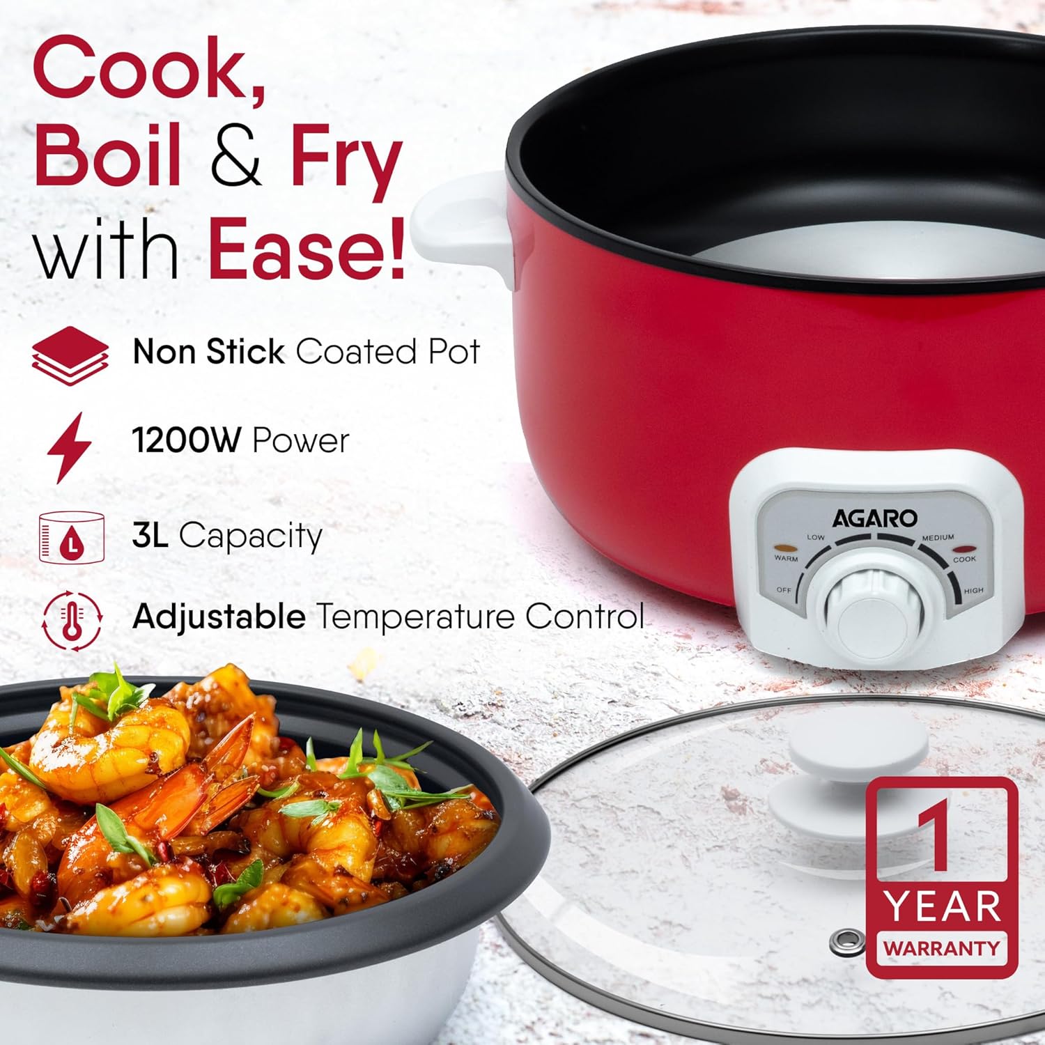 AGARO Regal Electric Multi Cooking Pot, 3L, 1200W, Steamer, Fryer, Aluminium Pot, Glass Lid, Adjustable Temperature Control, Rice, Veggies, Red.