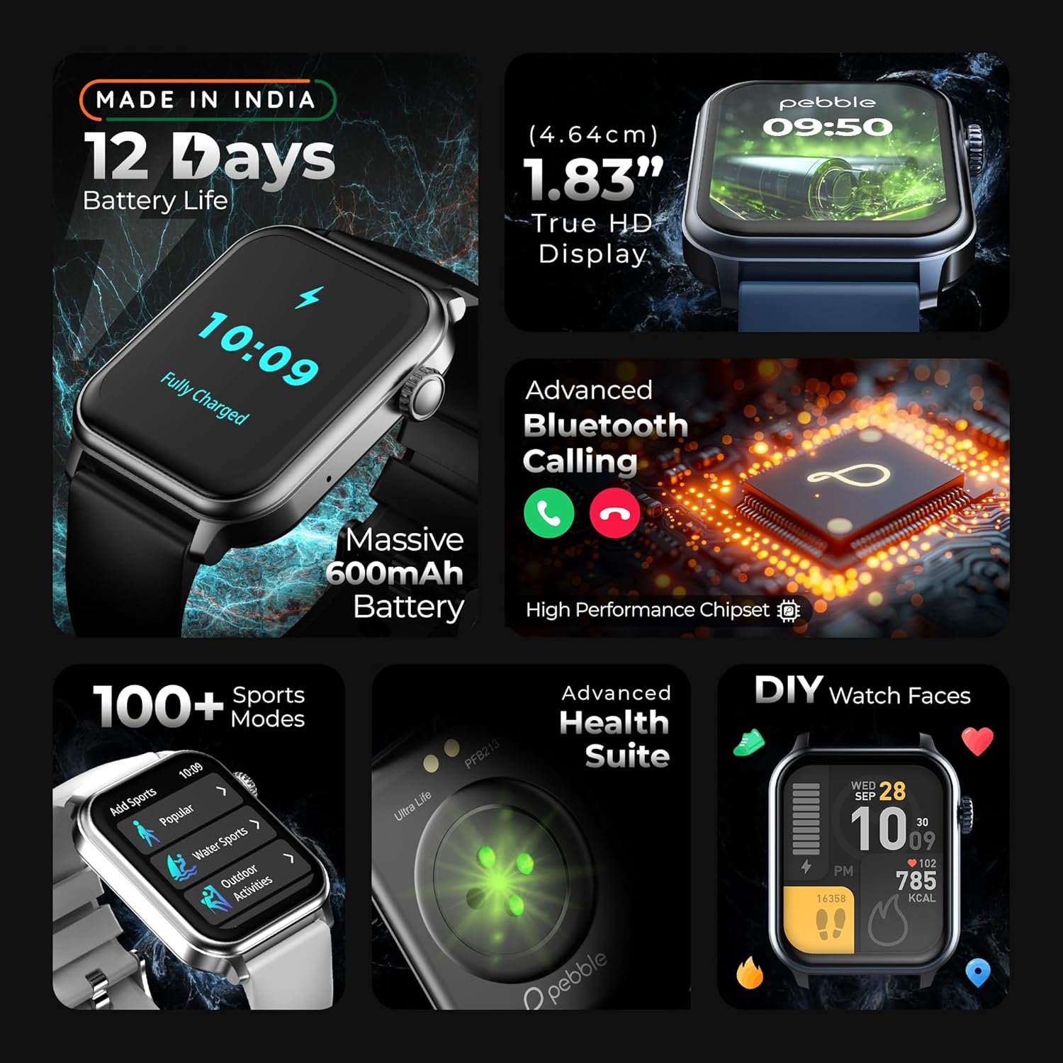 Pebble Ultra Life 1.83" True HD Display | 600 Nits Brightness | BT Calling | 600mAh Battery | 12 Days Battery Life | Unisex Design | Multi-Sports Mode