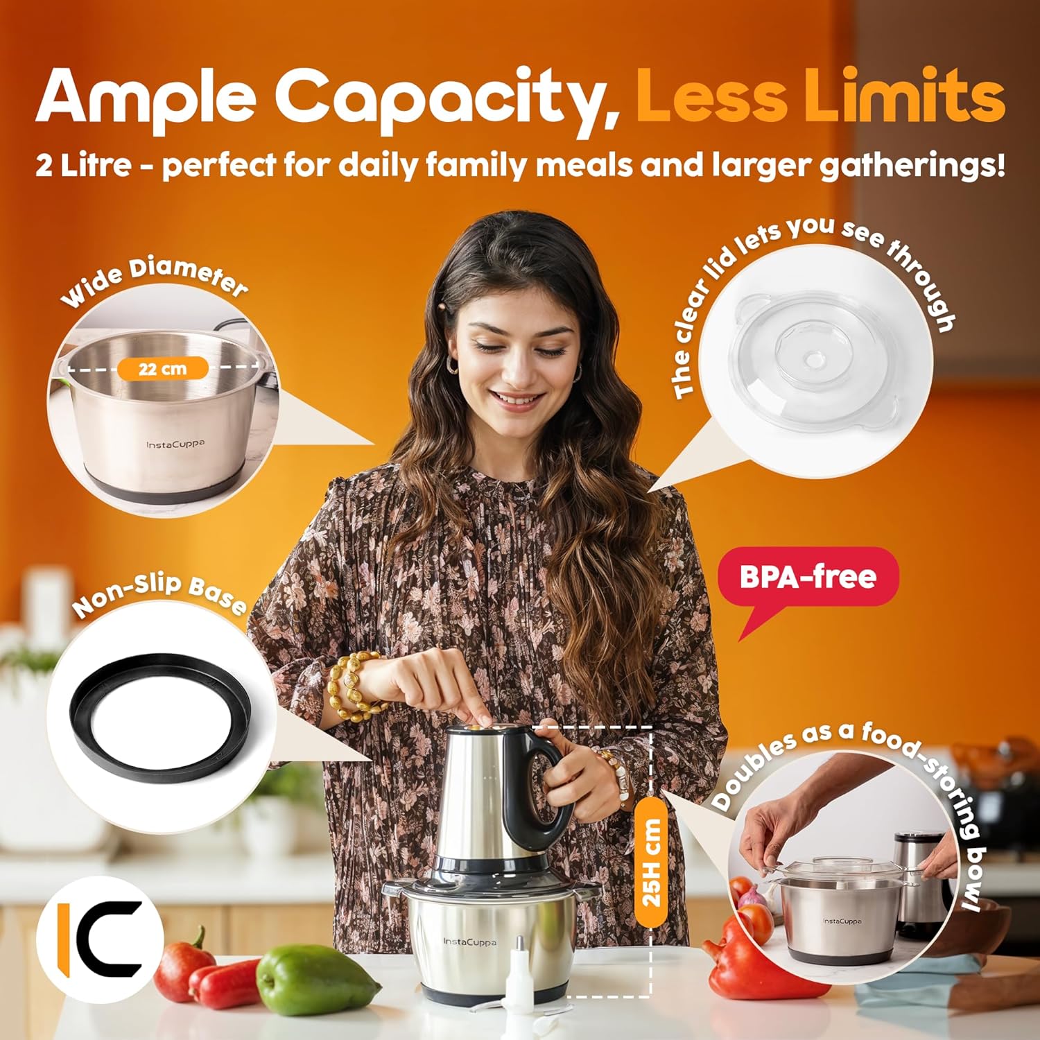InstaCuppa Electric Chopper for Kitchen Use with 3 Attachments, 2 Litre Stainless Steel Meat Mincer, 300W Vegetable Cutter Machine with Garlic Peeler and Egg Whisker, Carrot Grater for Busy Moms