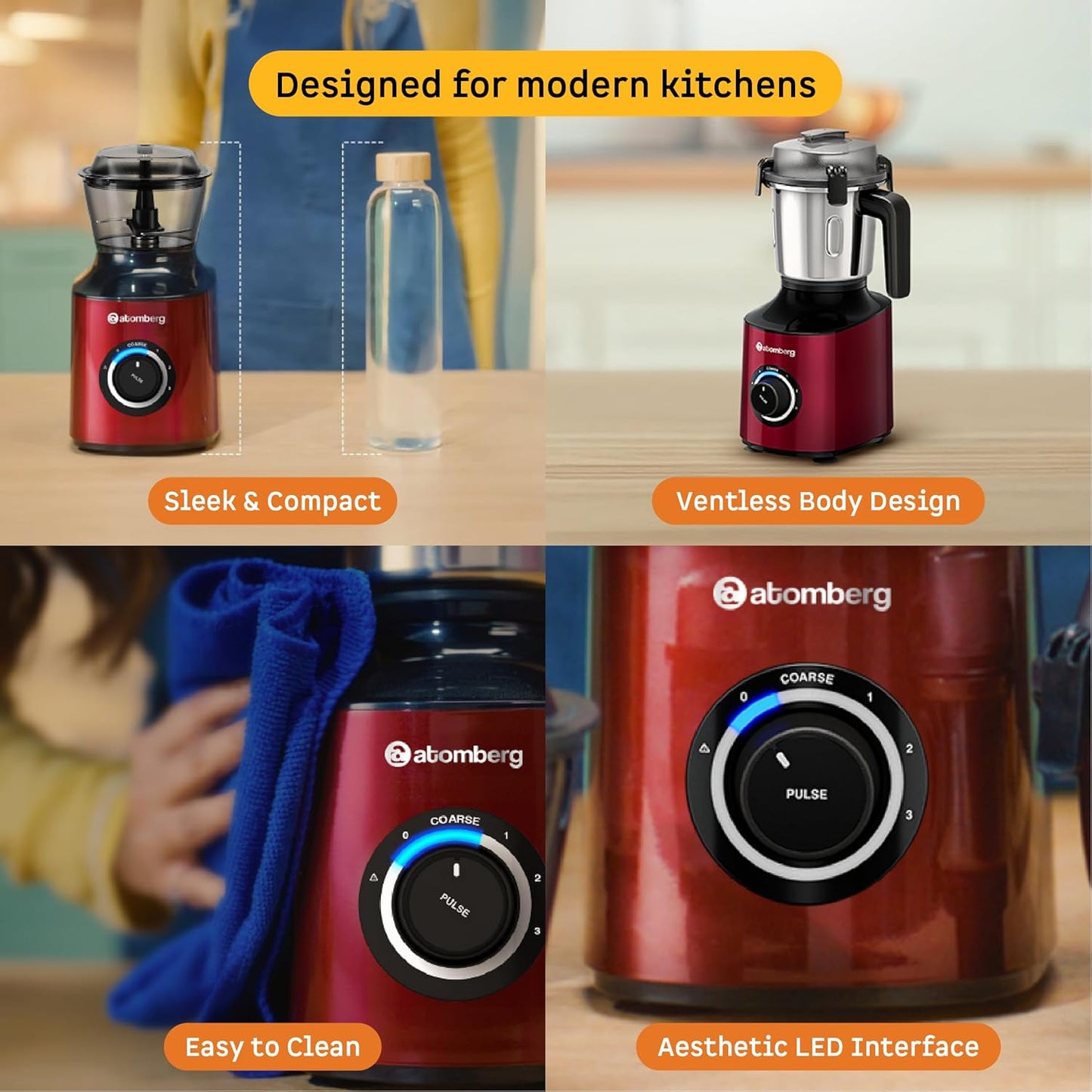 Atomberg Zenova Mixer Grinder | Unique Coarse Mode for Silbatta-like Texture | Intelligent BLDC Motor | Safety Features | 4 Jars including Chopper | Hands-Free Operation (Red Wine)