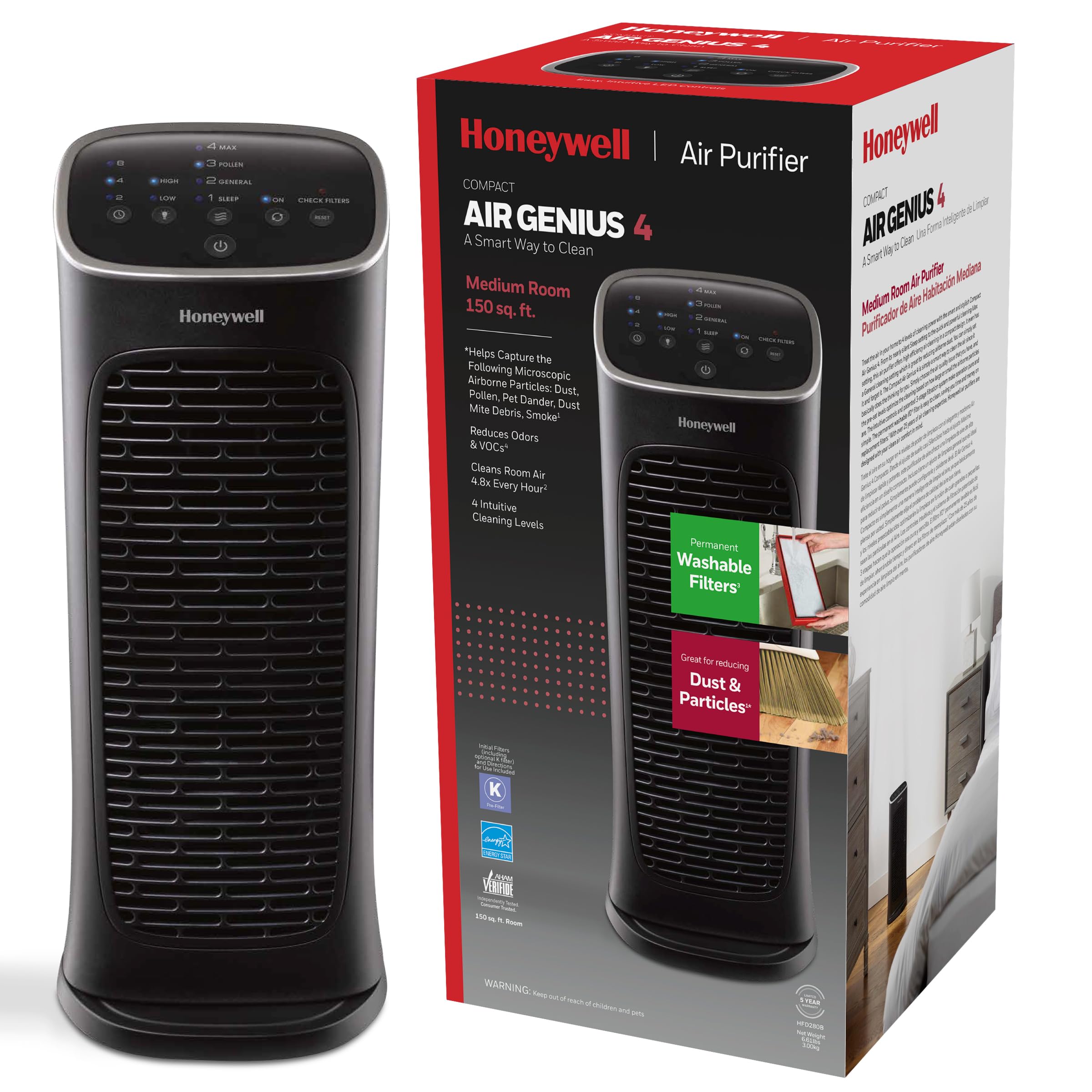 Honeywell Air Purifier for Home & Office, 3-in-1 filter - Pre-Filter, H13, Activated Carbon Filter, Removes 99.99% Pollutants, Allergens, Pet Danger, Smoke, Dust & Pollens - Air touch V1