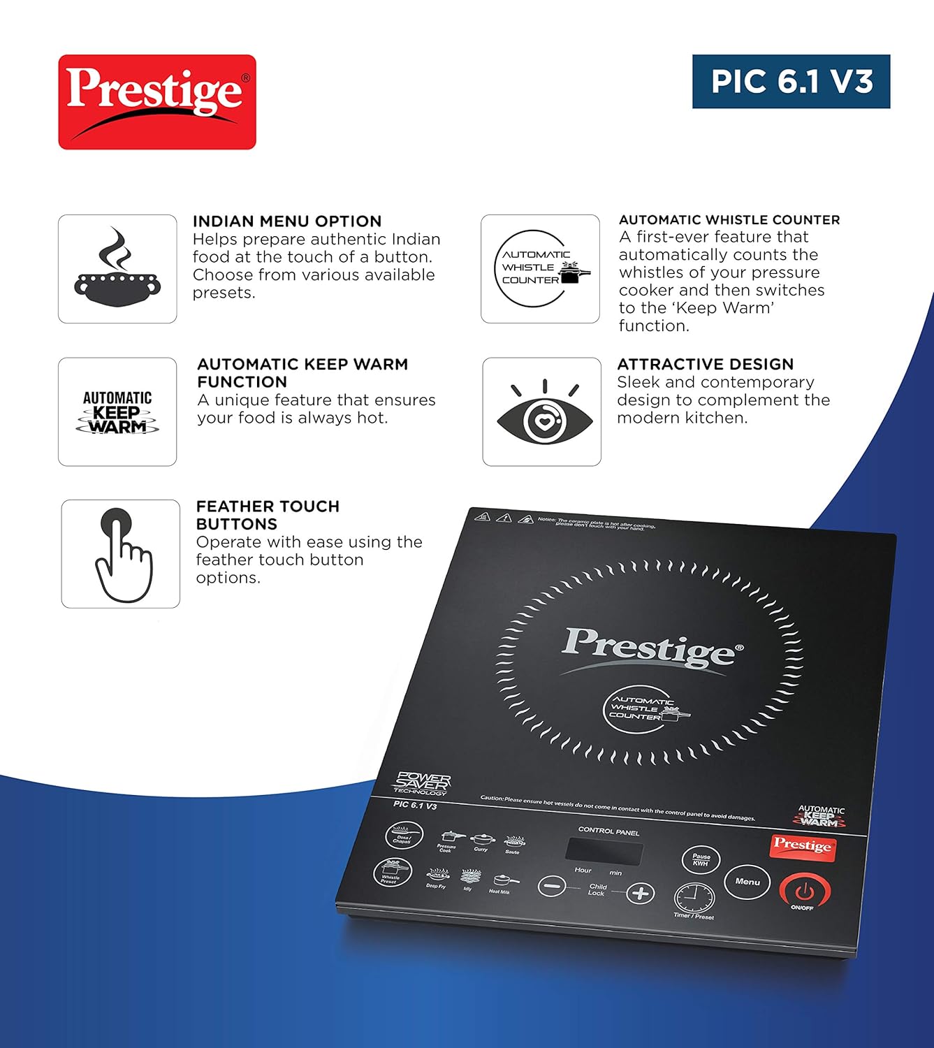 Prestige PIC 6.1 V3 PIC 2200 Watts Induction Cooktop |High Voltage Surge Protection| Automatic Whistle Counter | Feather Touch Buttons | Keep Warm Function |Dual Heat Sensor| Black