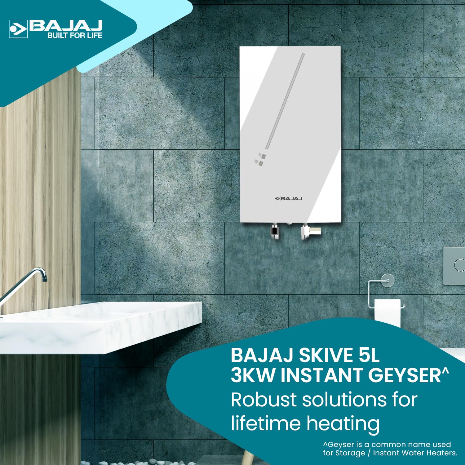 Bajaj Skive 5 Litre Instant Water Heater for home| High Grade SS Tank| Multiple Safety System| Suitable for High Rise| Shock Resistant| Rust Proof Outer| 5-Year* Tank Warranty by Bajaj 【White】