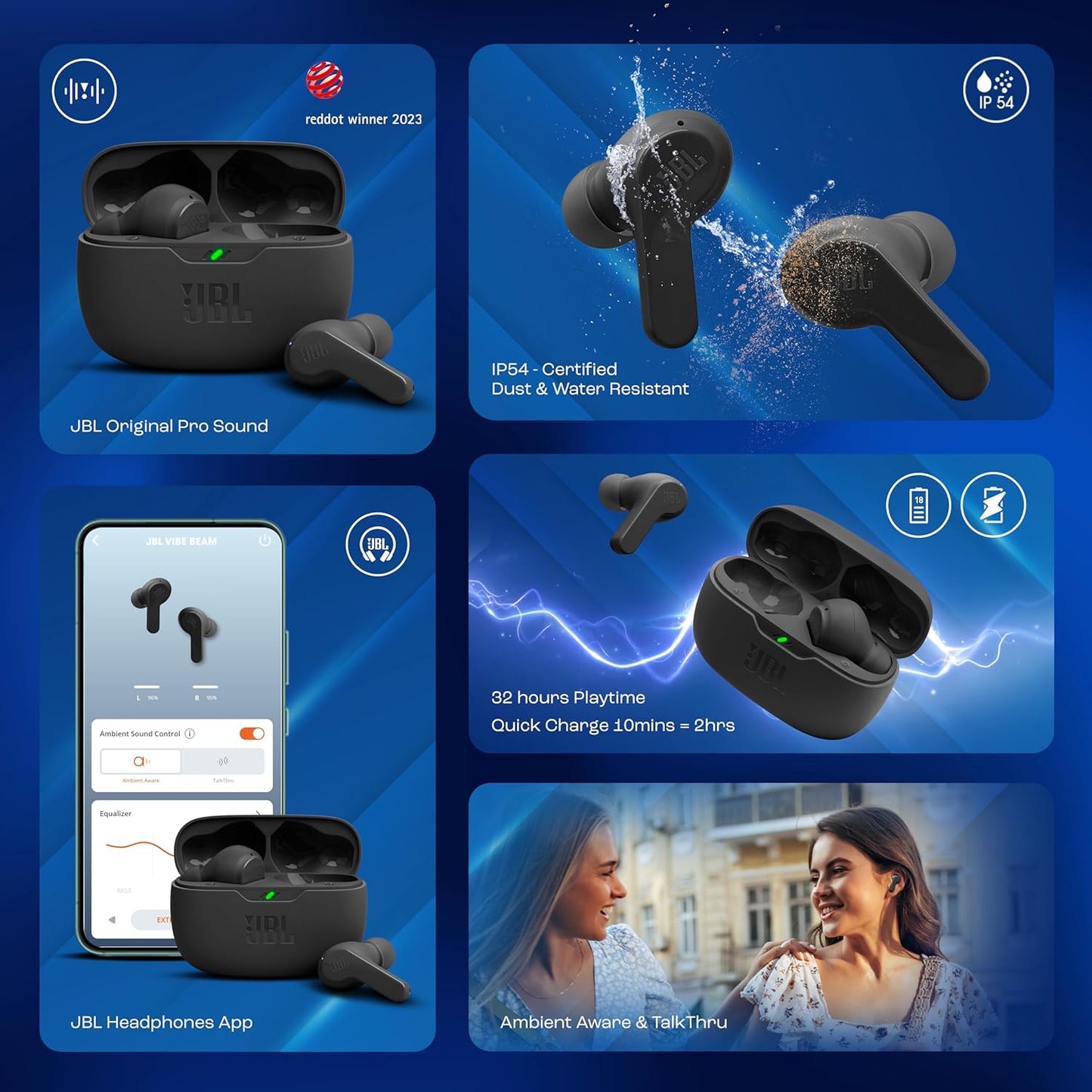 JBL Vibe Beam in-Ear Wireless Earbuds (TWS) with Mic,App for Customized Extra Bass Eq,32 Hours Battery&Quick Charge,Ip54 Water&Dust Resistance,Ambient Aware&Talk-Thru,Google Fastpair (Black)