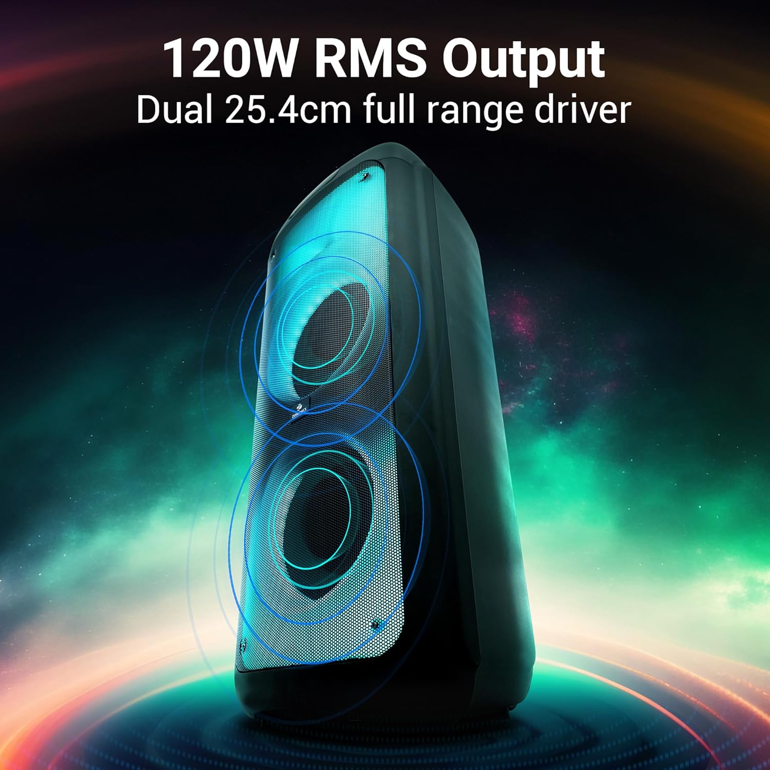 ZEBRONICS 120 Watts Party Speaker with 2 Wireless Mic, 7 hrs Playtime, Karaoke & Recording Function, Type-C Charging, TWS, Bluetooth, USB, AUX, mSD, RGB Modes (Thump 700)