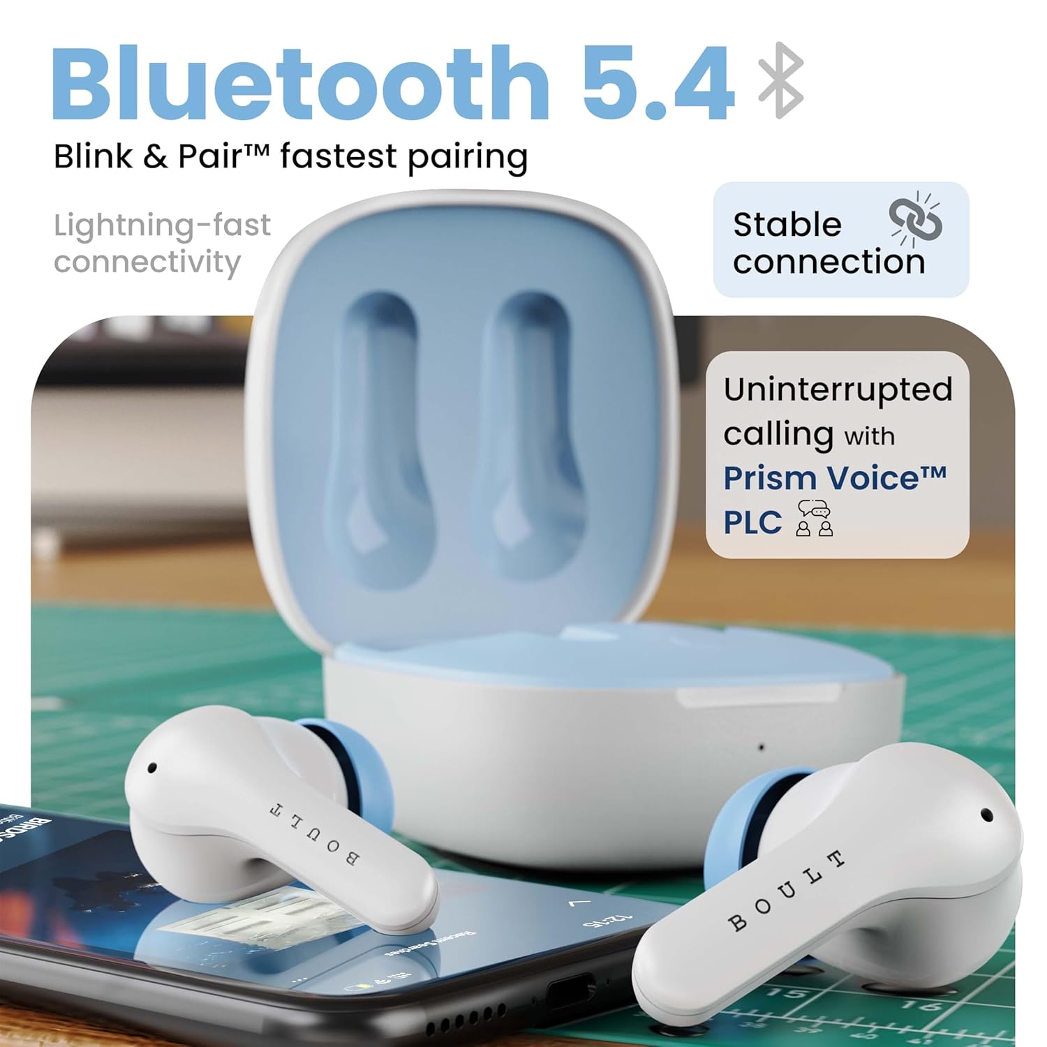 GOBOULT K10 Truly Wireless Bluetooth in Ear Earbuds with 50H Playtime, 4 Mic Clear Calling, 45ms Low Latency, 10mm Drivers, Touch Controls, Type-C Fast Charging, TWS Ear Buds Wireless (Ice Blue)