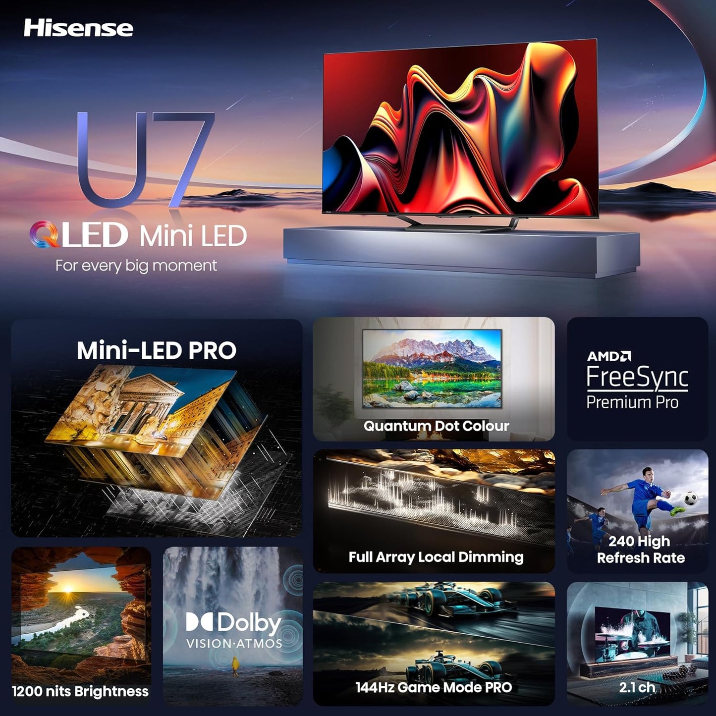 Hisense 139 cm (55 inches) U7N Series 4K Ultra HD Smart QLED Mini LED TV 55U7N (Black)