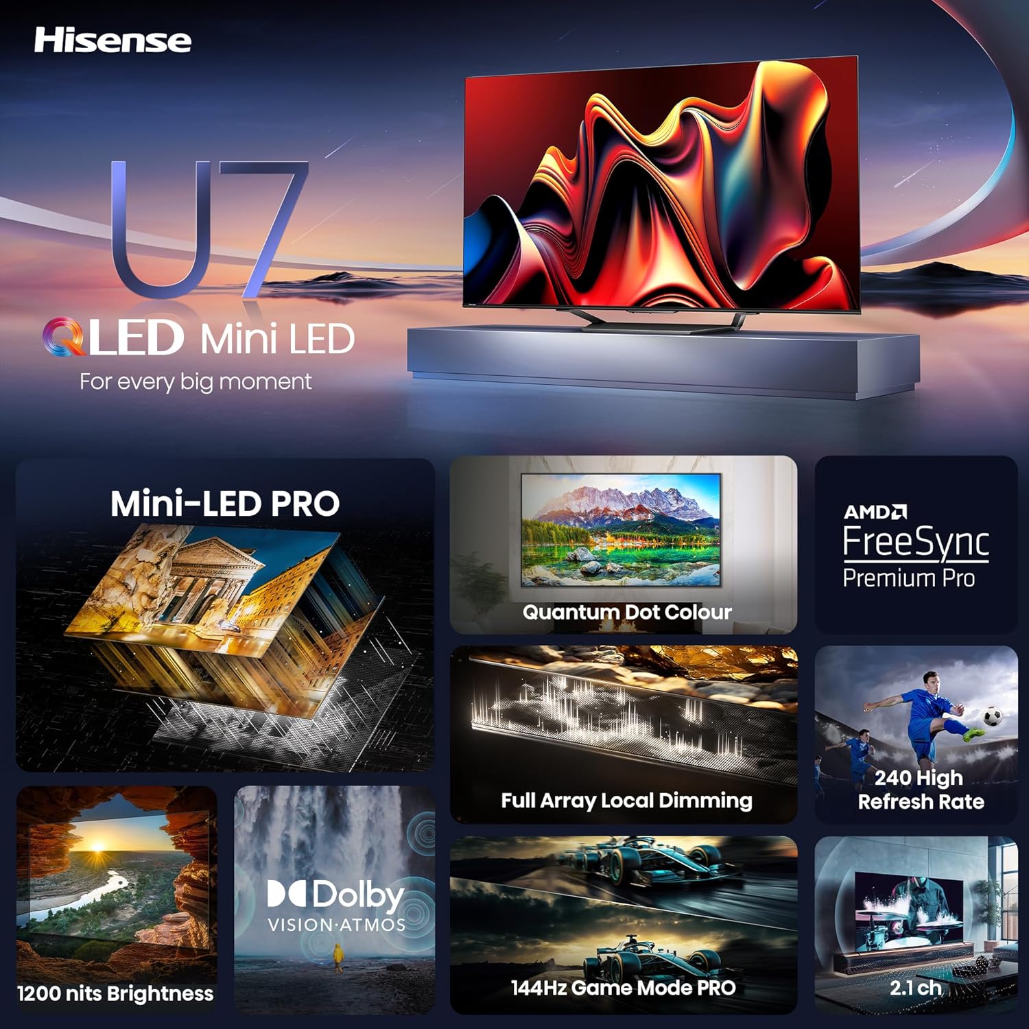 Hisense 139 cm (55 inches) U7N Series 4K Ultra HD Smart QLED Mini LED TV 55U7N (Black)