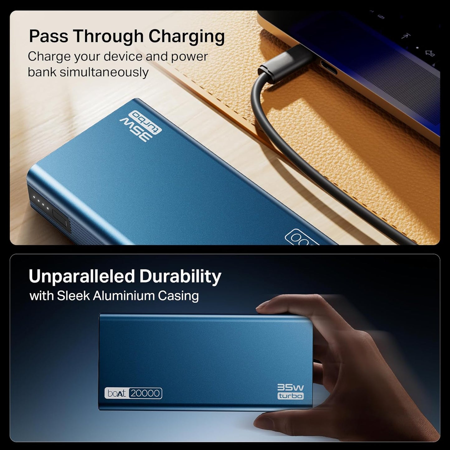 boAt Newly Launched PB435 Turbo 35W Power Bank with 20000mAh Battery, 35W 2-Way Super Fast Charging | 12-Layer Smart IC Protection | Triple Output & Dual Input in Sleek Aluminium Casing(Navy Blue)