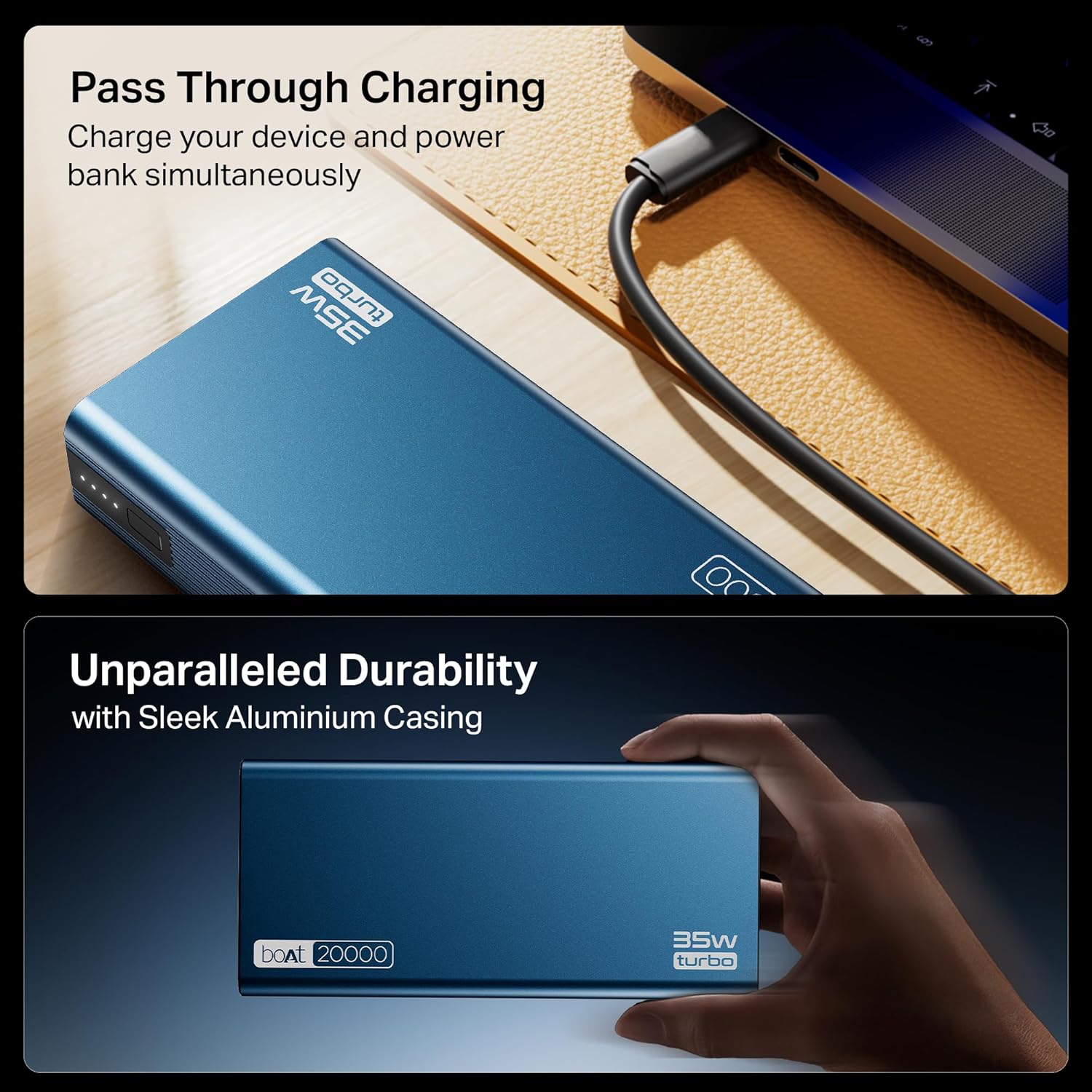 boAt Newly Launched PB435 Turbo 35W Power Bank with 20000mAh Battery, 35W 2-Way Super Fast Charging | 12-Layer Smart IC Protection | Triple Output & Dual Input in Sleek Aluminium Casing(Navy Blue)