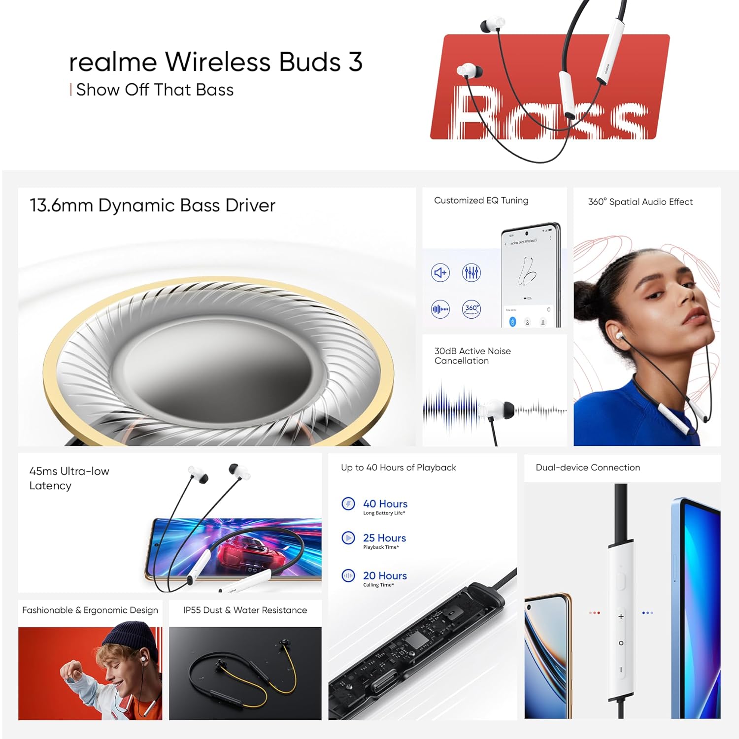 realme Buds Wireless 3 in Ear Bluetooth Headphones,30dB ANC, Spatial Audio,13.6mm Dynamic Bass Driver,Upto 40 Hours Playback, Fast Charging, 45ms Low Latency for Gaming,Dual Device Connection (Black)