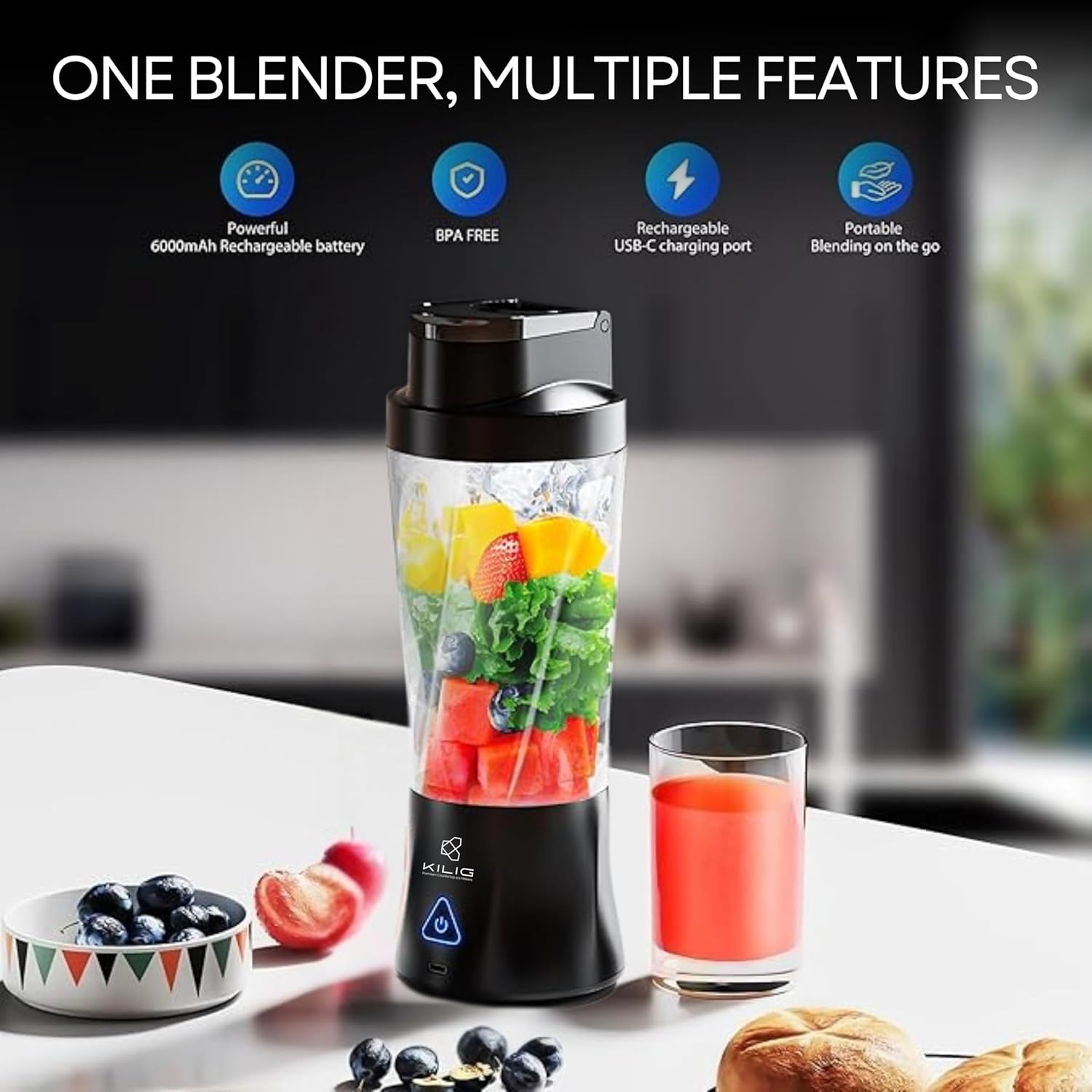 Kilig Vortex Pro 360W Dual Mode Portable Blender for Smoothie and Juices, 6000 mAh Battery, 2in1 700ml Jar, 22000RPM, 6 Sided Blade, USB Type C, Juicer, Mixer, Blender Machine for Kitchen - BT