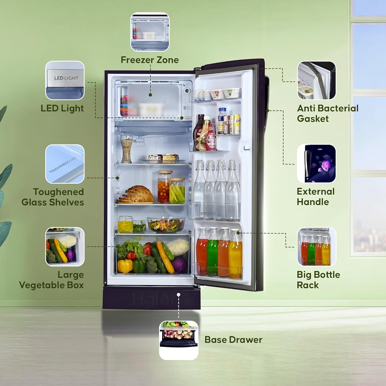 Haier 205 L, 5 Star, Direct-Cool Single Door Refrigerator with Base Stand (HED-215MRB-N, Marine Rose, Base Stand Drawer)