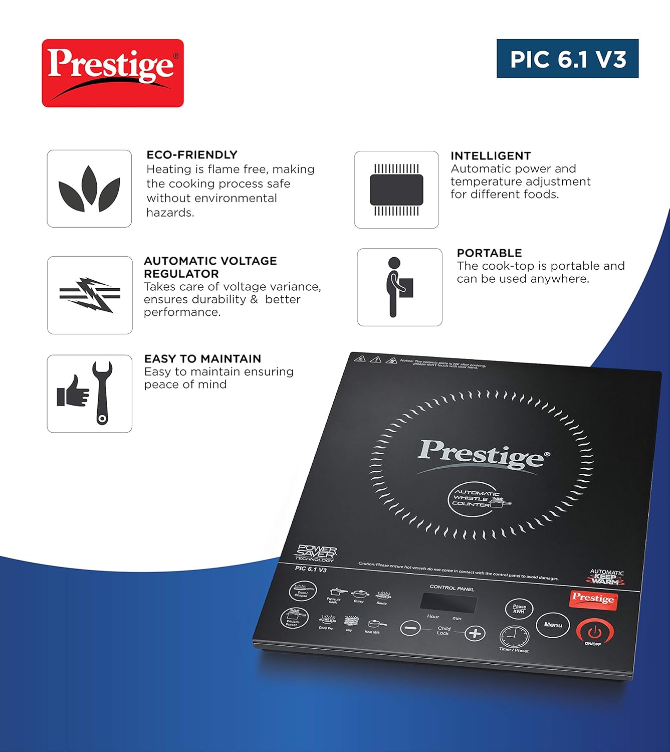 Prestige PIC 6.1 V3 PIC 2200 Watts Induction Cooktop |High Voltage Surge Protection| Automatic Whistle Counter | Feather Touch Buttons | Keep Warm Function |Dual Heat Sensor| Black