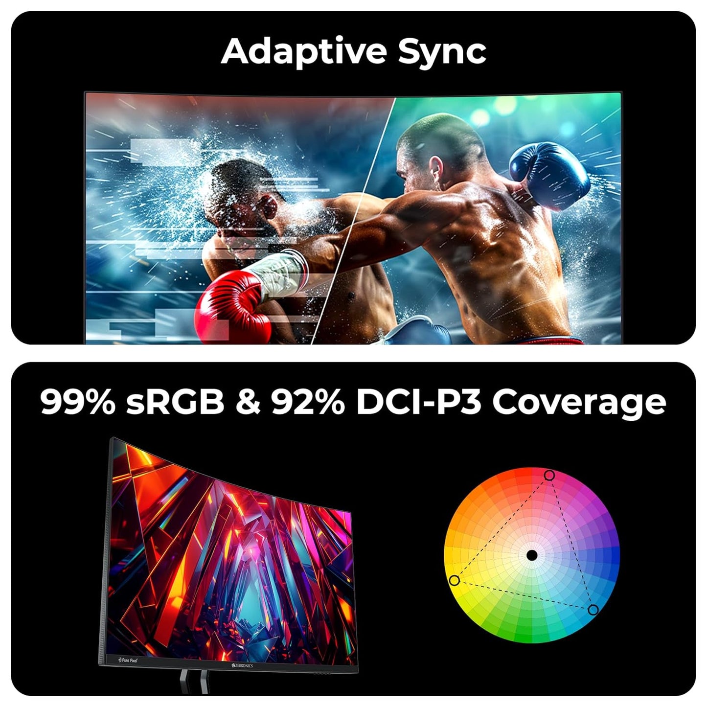 ZEBRONICS N32A 32"(80 cm) 1500R Curved Gaming Monitor, QHD 2560x1440, Antiglare, 300Nits, 180Hz, 1ms MPRT, HDR10, 99% sRGB | 92% DCI-P3, Adaptive Sync, 2 x DP | 2 x HDMI | 1 x 3.5mm