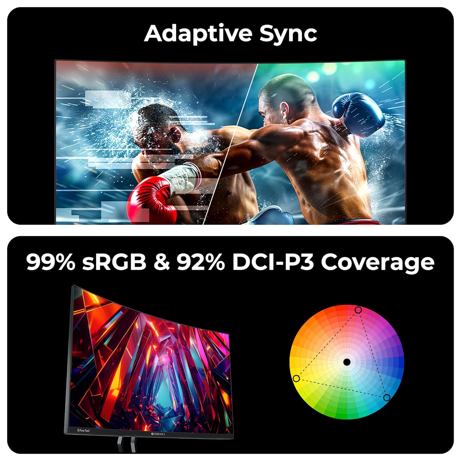 ZEBRONICS N32A 32"(80 cm) 1500R Curved Gaming Monitor, QHD 2560x1440, Antiglare, 300Nits, 180Hz, 1ms MPRT, HDR10, 99% sRGB | 92% DCI-P3, Adaptive Sync, 2 x DP | 2 x HDMI | 1 x 3.5mm