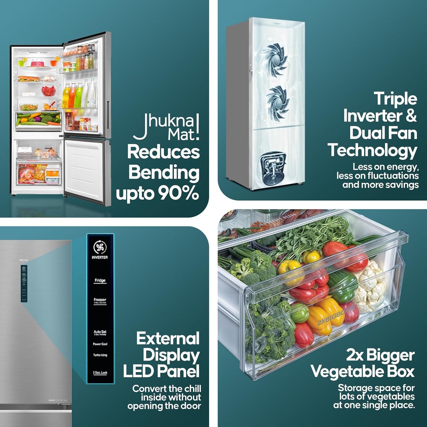 Haier 355 L 3 Star Frost Free Bottom Mount Double Door Refrigerator|Convertible 14-in-1|Jhukna Mat-Bottom Freezer|Digital Display Panel|Triple Inverter|Twist Ice Maker (HEB-363TS-P, Inox Steel)