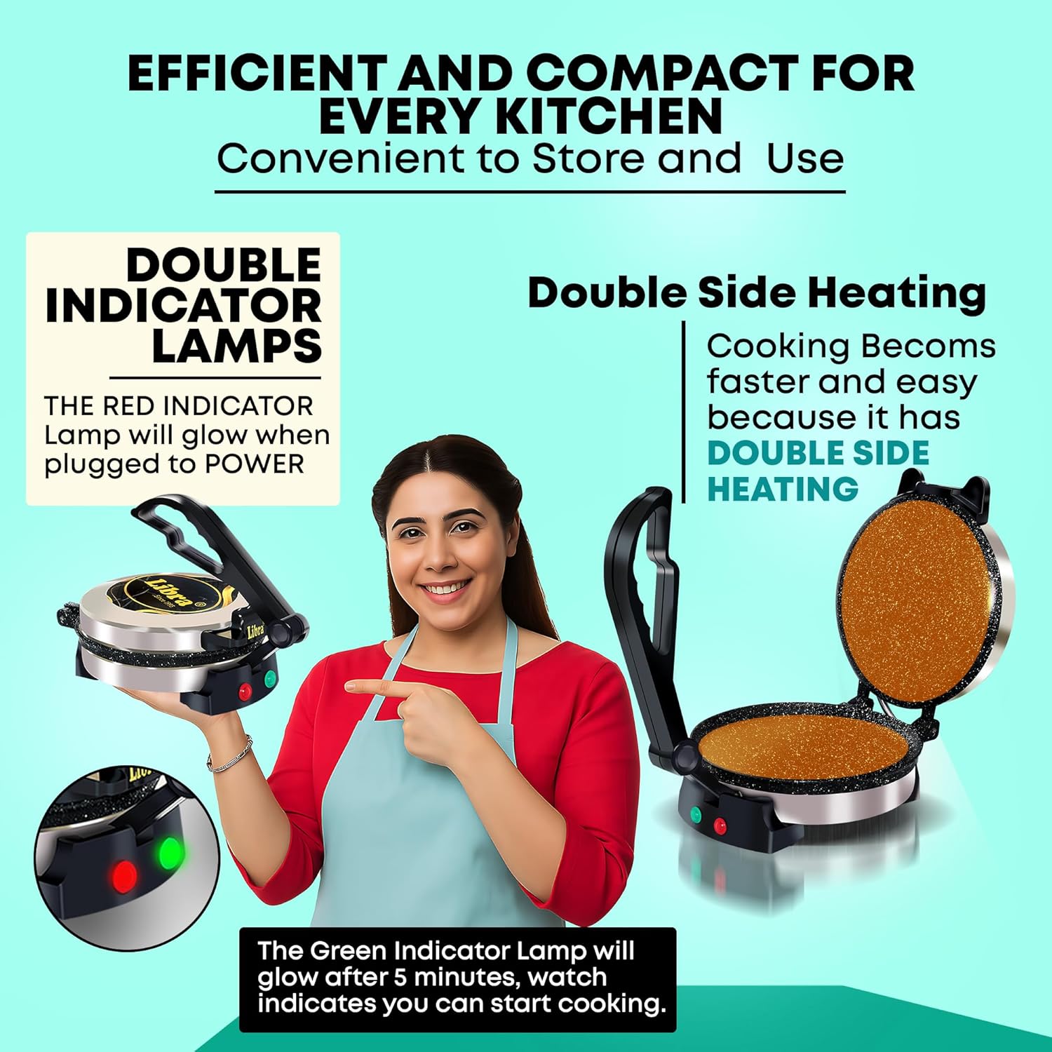 Libra Roti Maker Machine - Electric Roti Maker with Non-Stick 8.5inch Plates and Durable Handle, Auto Temperature Control Chapati Maker Machine with Indicator Lights, 950 Watts, Silver