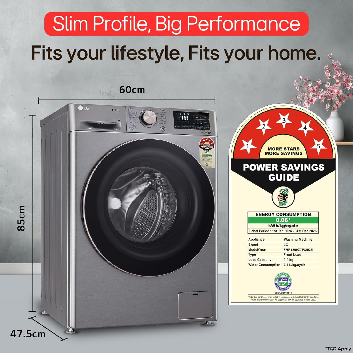 LG 9 Kg, 5 Star, AI Direct Drive Technology, Wi-Fi, Steam+ with Wrinkle Care, Fully Automatic Front-Loading Washing Machine (FHP1209Z7P, Intelligent & Convenient Fabric Care, Allergy Care, Platinum)