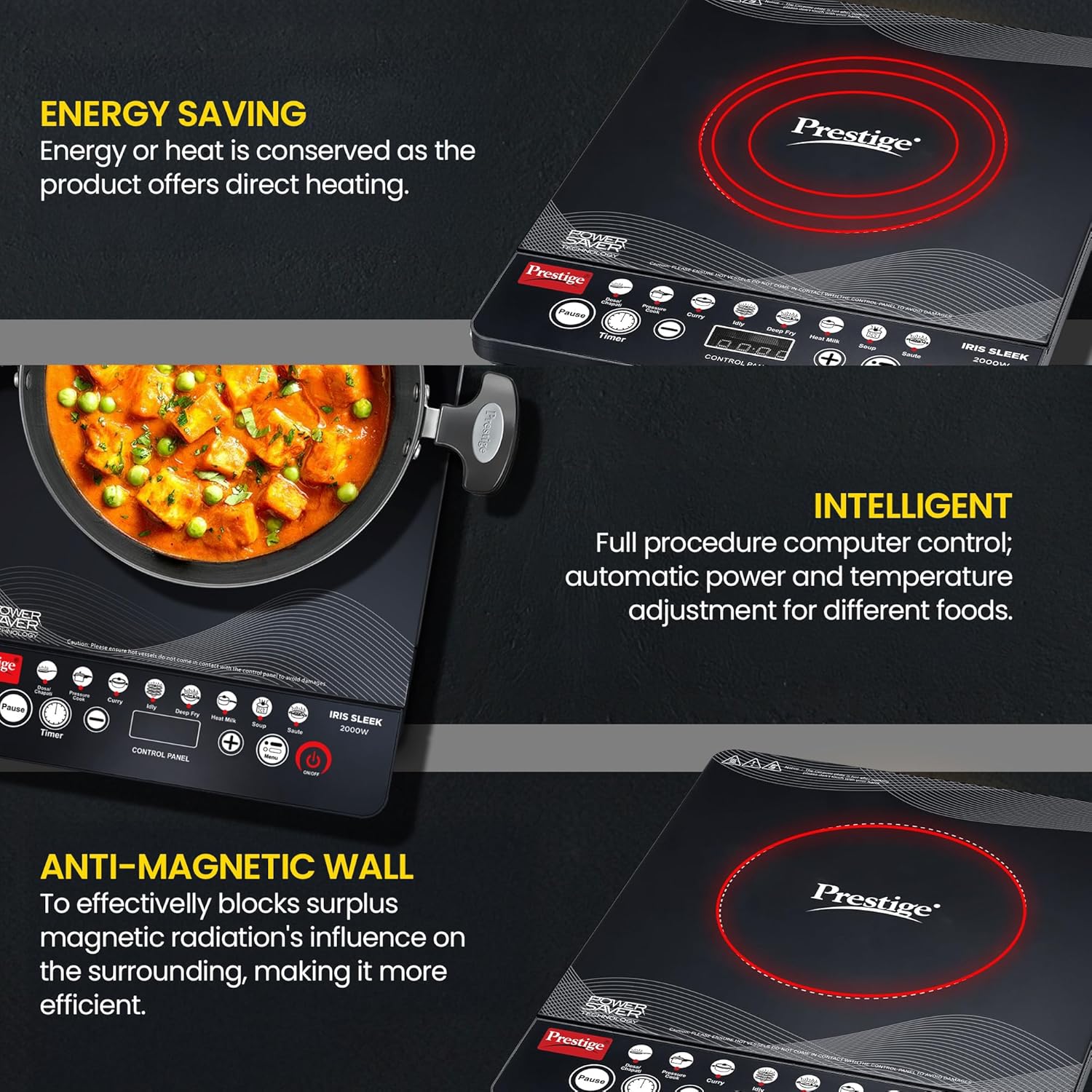 Prestige 2000 Watts IRIS Sleek Induction Cooktop| High Voltage Surge Protection| Indian Menu Options| Automatic Voltage Regulator| Feather Touch Button| Black