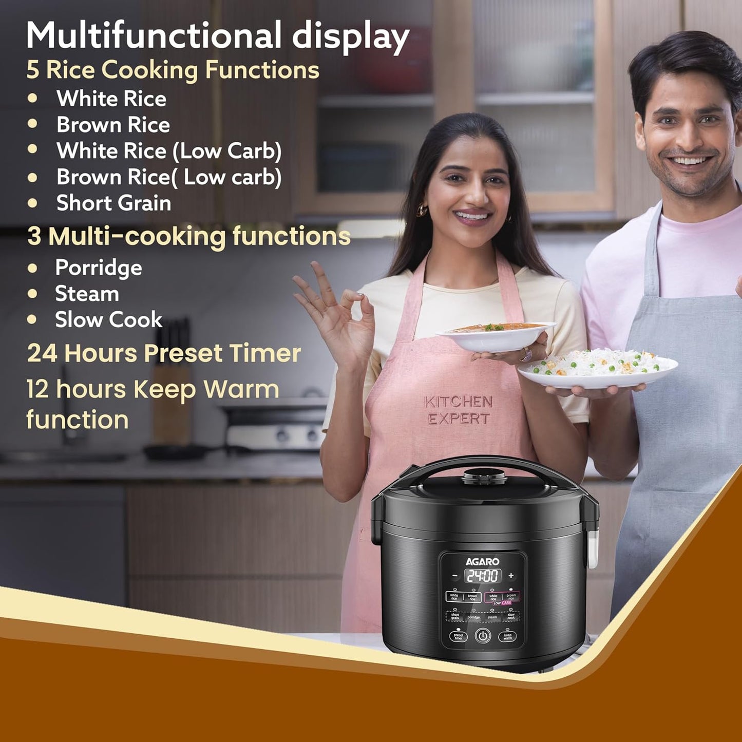 AGARO Regal Electric Rice Cooker, 3 Litres Ceramic Inner Bowl, 750gms (approx. 5 cups) raw rice, SS Steamer, Preset Cooking Functions, Preset Timer, Keep Warm Function, LED Display, Black