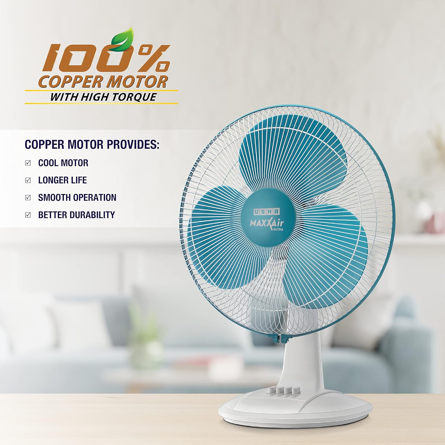 USHA Maxx Air Ultra Table Fan | 400MM Sweep Size | 1350_RPM | Aerodynamic Blade Design for High Air Delivery | Corrosion Protection with Plastic Blades | 3 Speed Settings | Light Blue