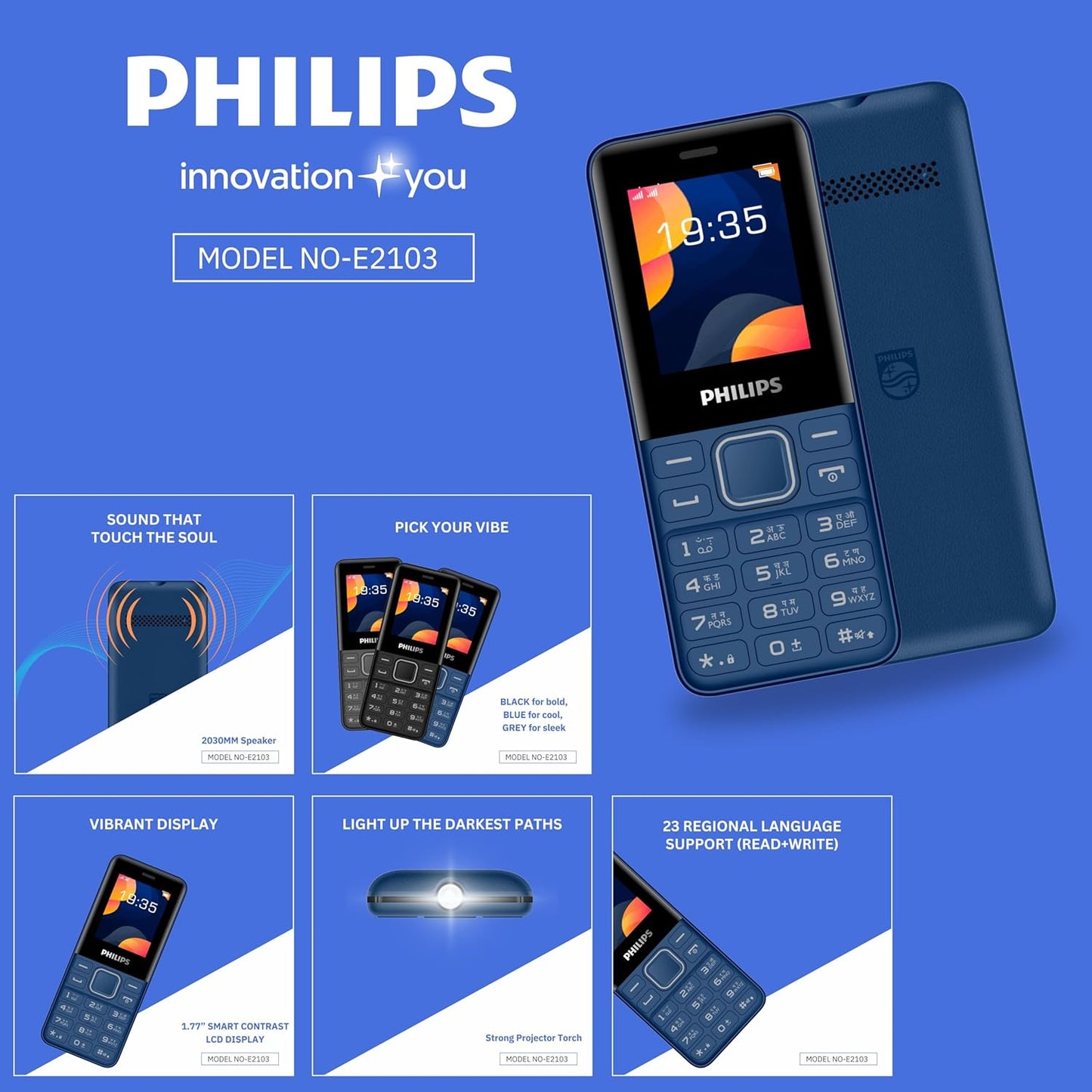 Philips All-New E2103 Sleek & Stylish |Keypad Mobile with 1.77" Screen|1000 MAH Battery | 2030mm Speaker| Wireless FM | Bright Torch|Blue