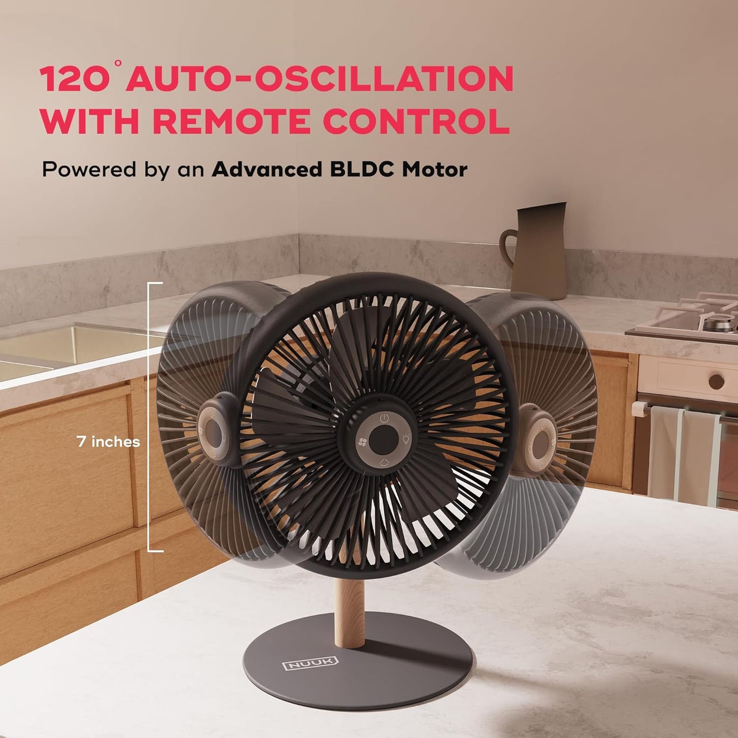 NUUK LIT v2 Cordless & Rechargeable 7 Inch Table Fan with Night Light & Remote Control | Auto Oscillation with 4 Wind Modes | BLDC Fan with Up To 17 Hour Run Time | Portable Table Fan for Home, Office