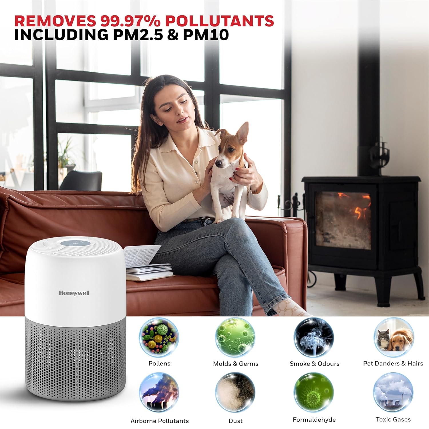 Honeywell Air Purifier for Home & Office, 3-in-1 filter - Pre-Filter, H13, Activated Carbon Filter, Removes 99.99% Pollutants, Allergens, Pet Danger, Smoke, Dust & Pollens - Air touch V1