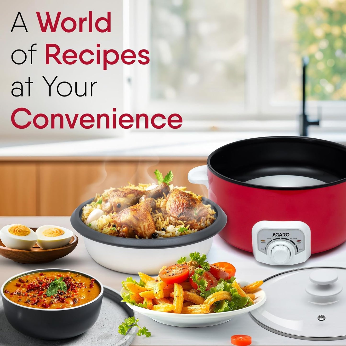 AGARO Regal Electric Multi Cooking Pot, 3L, 1200W, Steamer, Fryer, Aluminium Pot, Glass Lid, Adjustable Temperature Control, Rice, Veggies, Red.