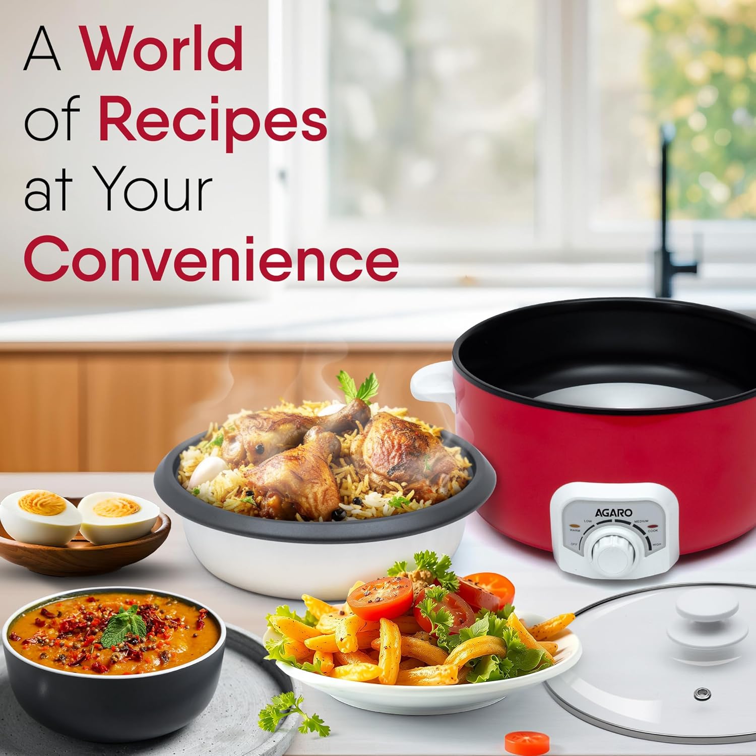 AGARO Regal Electric Multi Cooking Pot, 3L, 1200W, Steamer, Fryer, Aluminium Pot, Glass Lid, Adjustable Temperature Control, Rice, Veggies, Red.