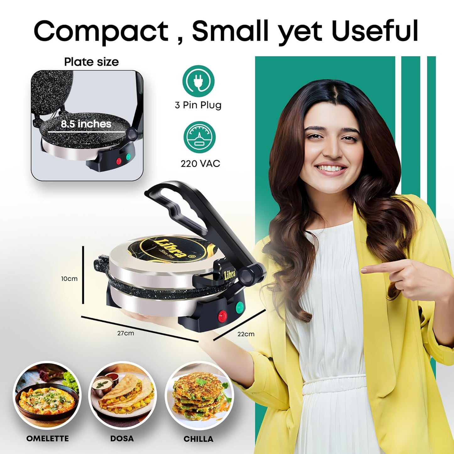 Libra Roti Maker Machine - Electric Roti Maker with Non-Stick 8.5inch Plates and Durable Handle, Auto Temperature Control Chapati Maker Machine with Indicator Lights, 950 Watts, Silver