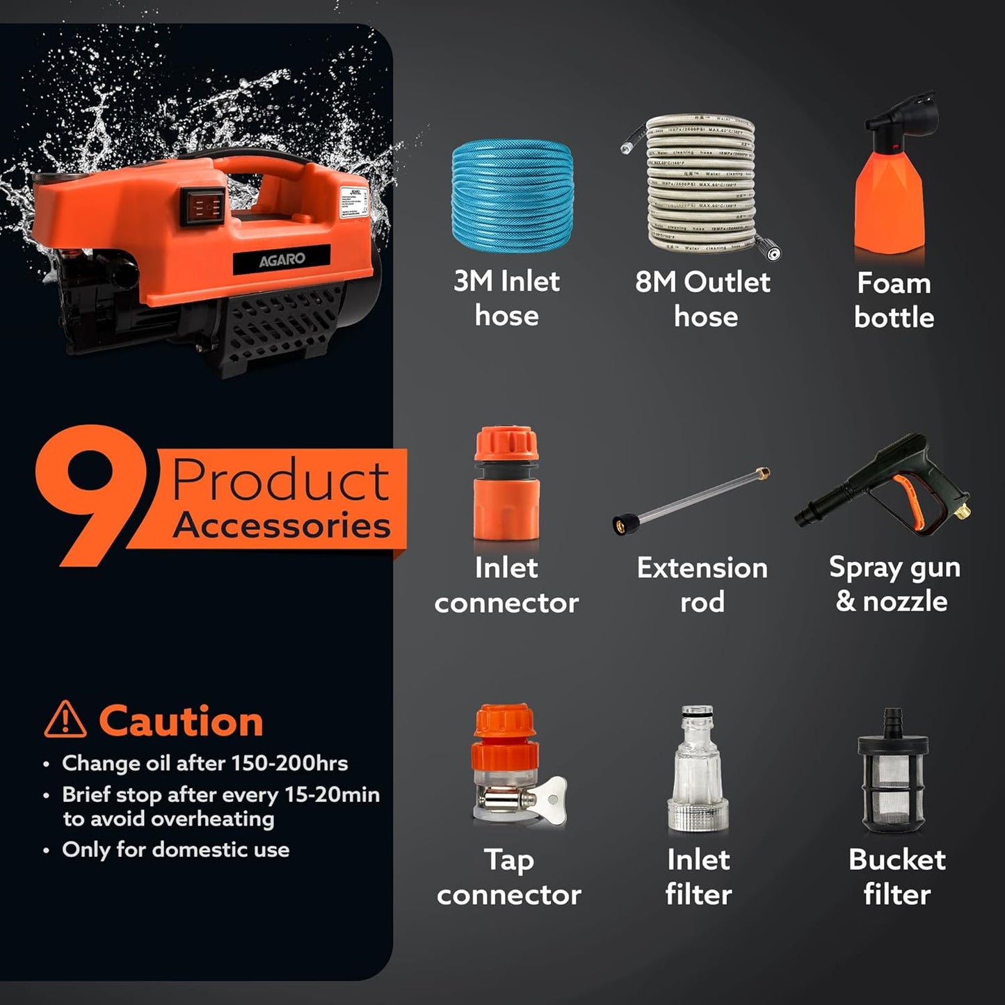 AGARO Supreme High Pressure Washer, Car Washer, 1800 Watts Motor, 120 Bars, 6.5L/Min Flow Rate, 8 Meters Outlet Hose, Portable, Car, Bike & Home Cleaning, Black and Orange