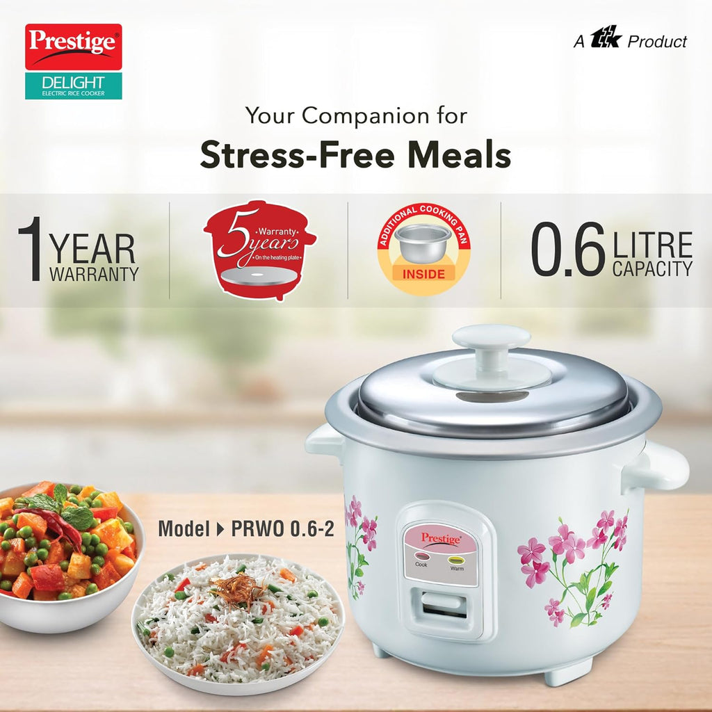 Prestige PRWO 0.6 L Electric Rice Cooker with 2 cooking pans|Detachable power cord|Durable body|Cool touch handles|White| Raw capacity-0.3L|Cooked capacity-0.6 L|Cooks for a family of 1 to 2 members