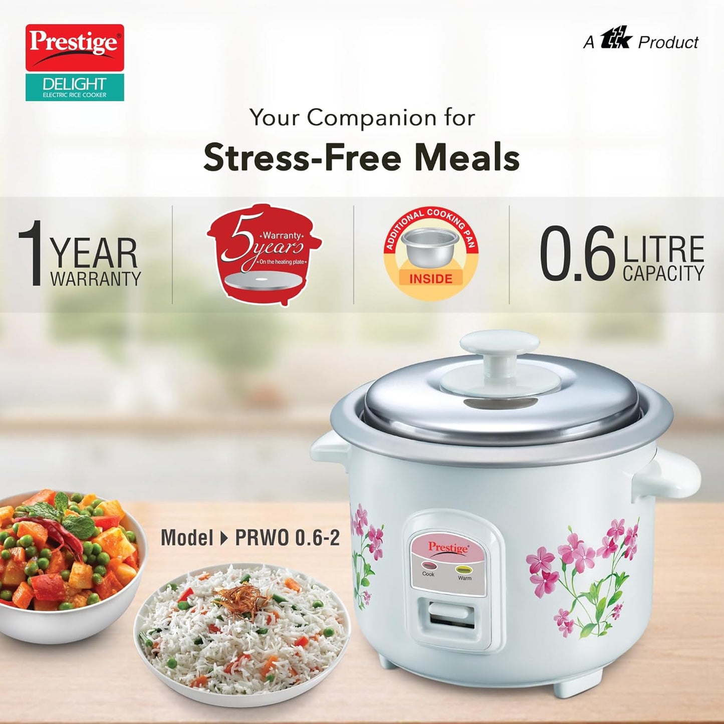 Prestige PRWO 0.6 L Electric Rice Cooker with 2 cooking pans|Detachable power cord|Durable body|Cool touch handles|White| Raw capacity-0.3L|Cooked capacity-0.6 L|Cooks for a family of 1 to 2 members