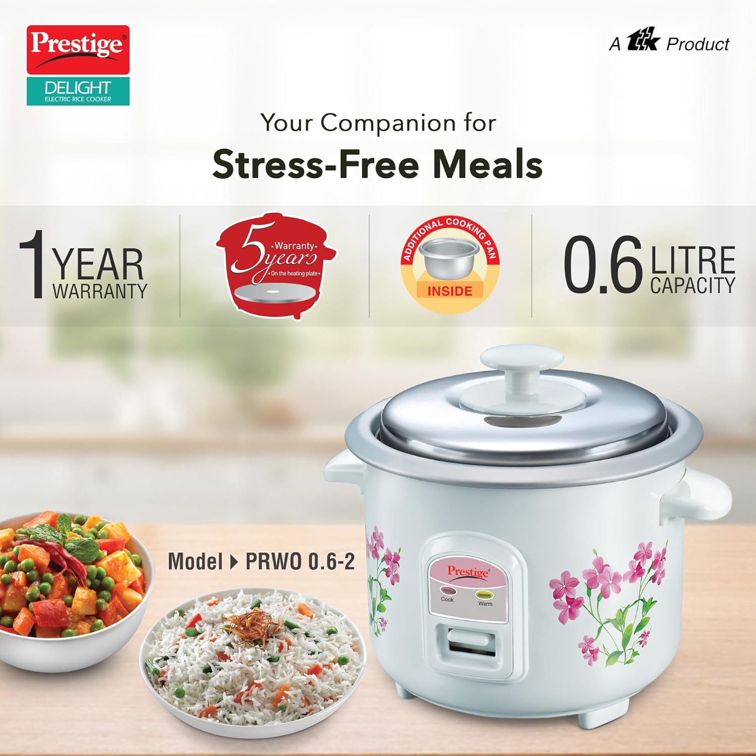 Prestige PRWO 0.6 L Electric Rice Cooker with 2 cooking pans|Detachable power cord|Durable body|Cool touch handles|White| Raw capacity-0.3L|Cooked capacity-0.6 L|Cooks for a family of 1 to 2 members