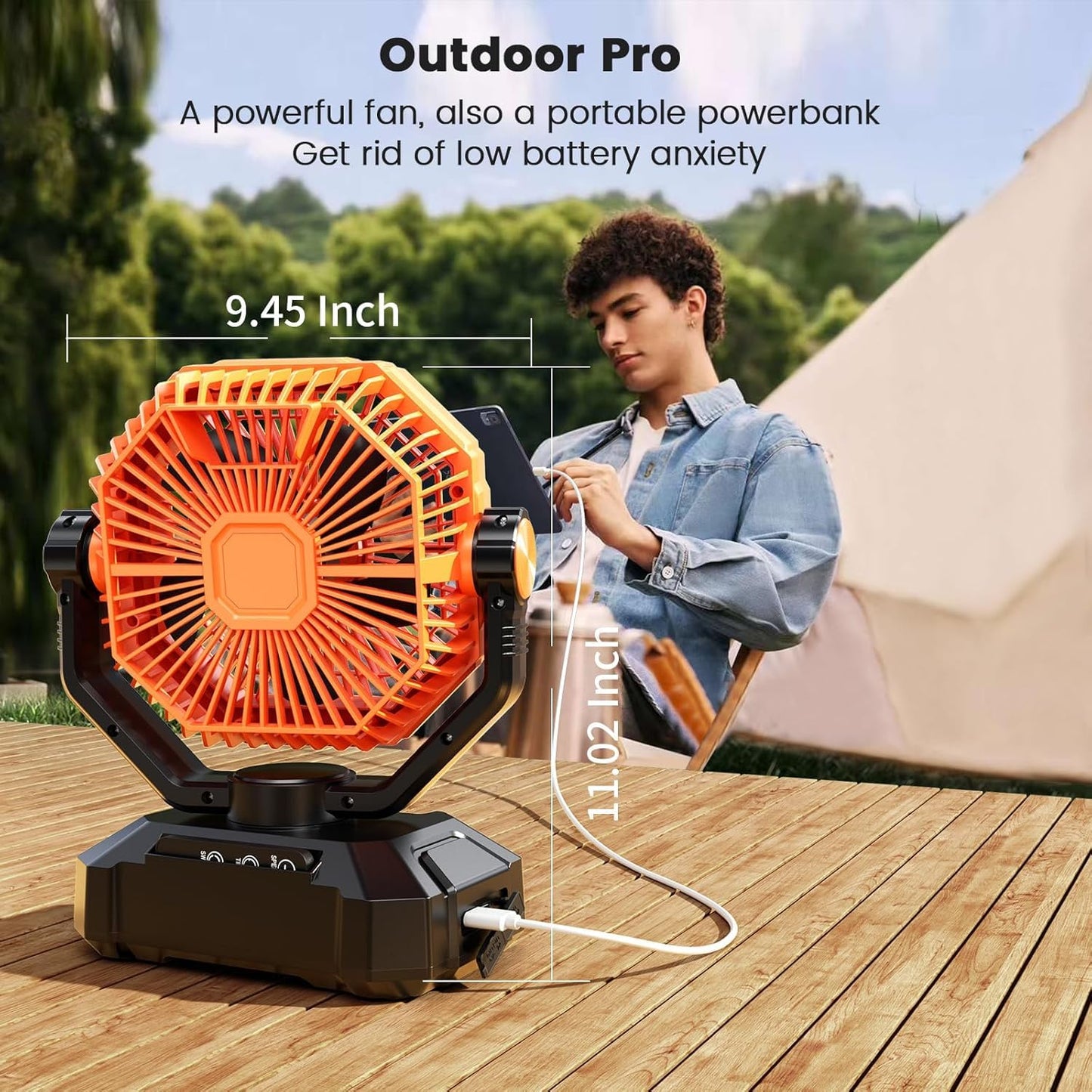 Tuarso 20000mAh Rechargeable Portable Fan for Home with LED Emergency Light, Battery Table Fan Rechargeable Big Size with Remote Control 8 High Speeds Wind, Kitchen Fans for Cooking Orange