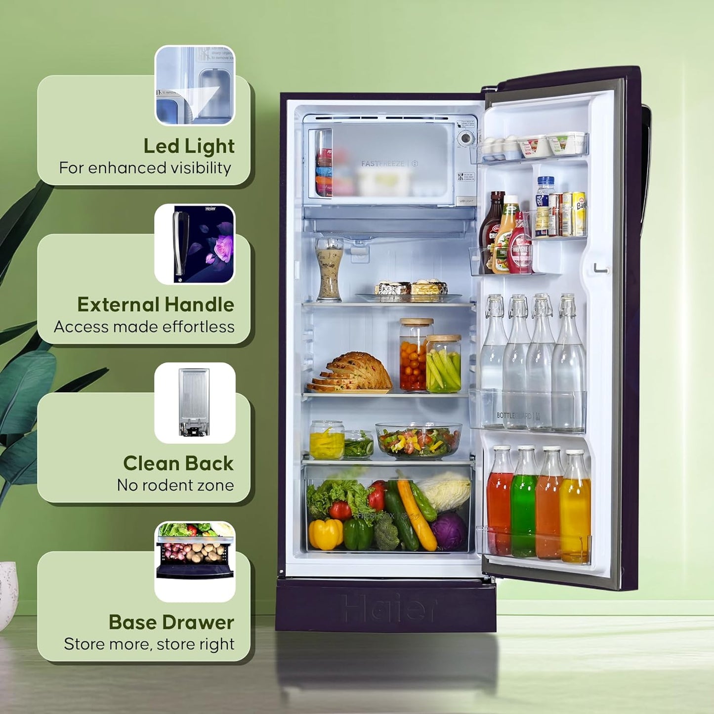 Haier 205 L, 5 Star, Direct-Cool Single Door Refrigerator with Base Stand (HED-215MRB-N, Marine Rose, Base Stand Drawer)